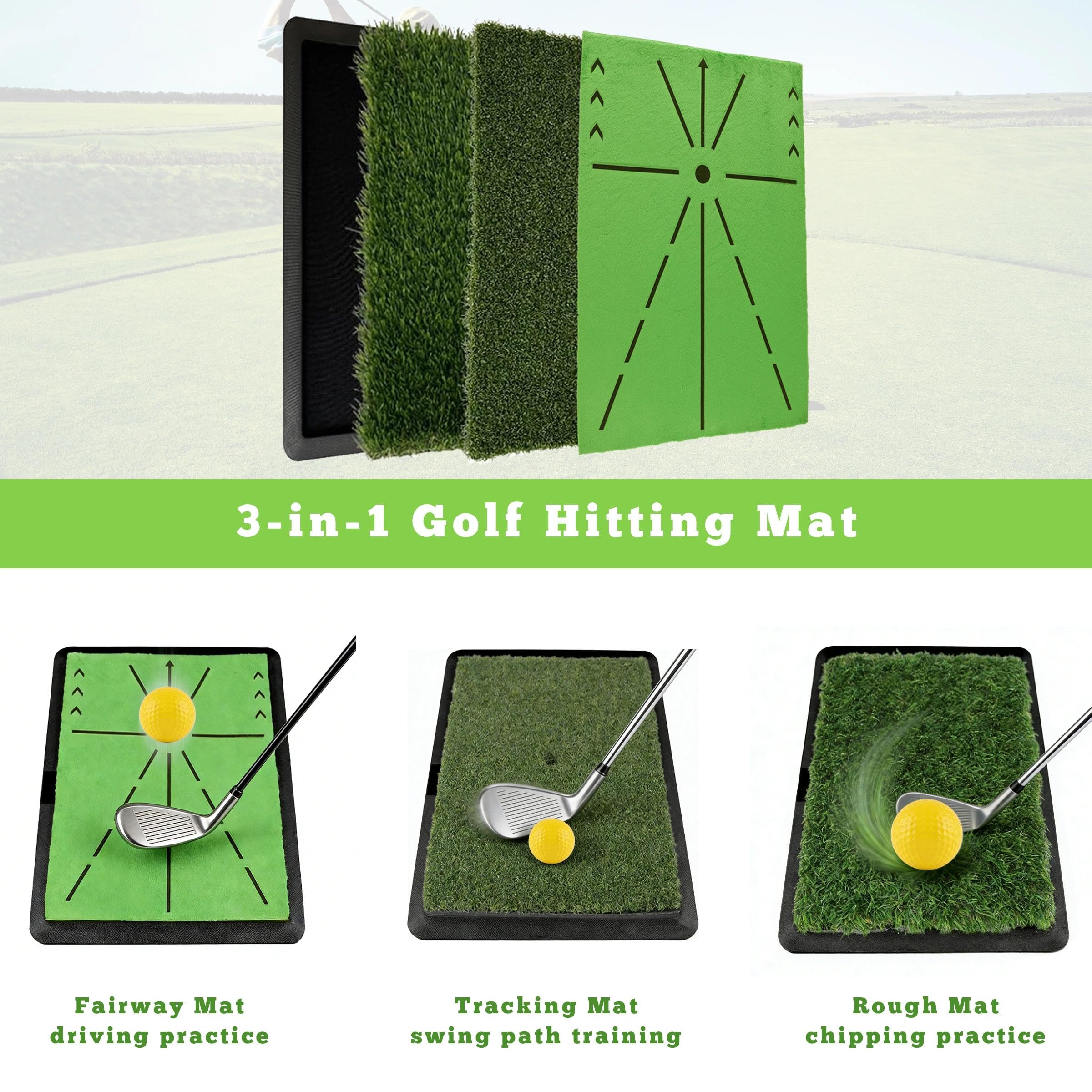 Alfombrilla de práctica de golf, alfombrilla de golf reemplazable, 40 x 30 cm, para interiores y exteriores, con base de goma antideslizante, tri césped, pelota y tees