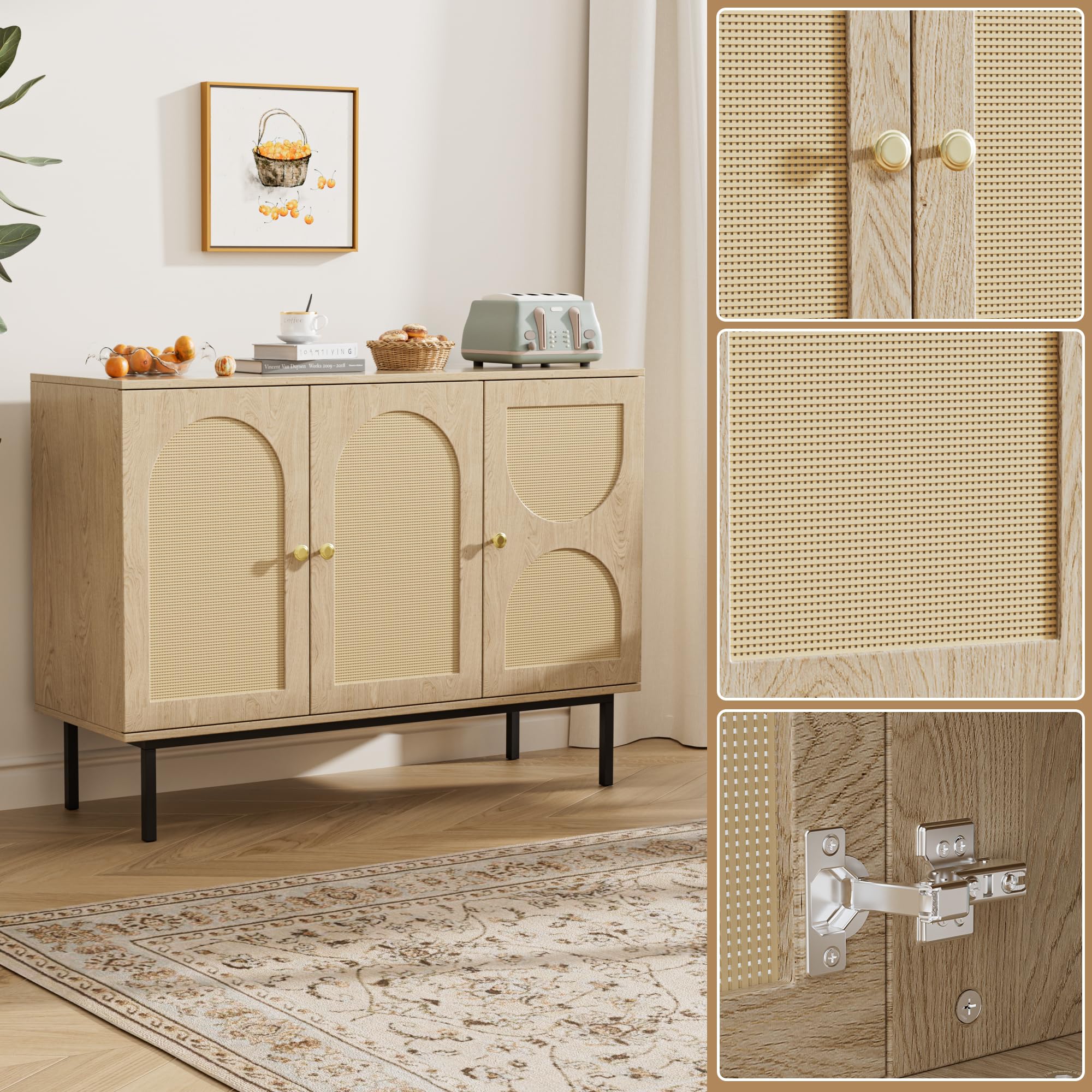 BonVache Buffet en rotin, Armoire de Cuisine avec 3 Portes, Commode avec étagères réglables, Buffet de Salle à Manger, Armoire de Rangement pour Cuisine, Salle à Manger, Salon