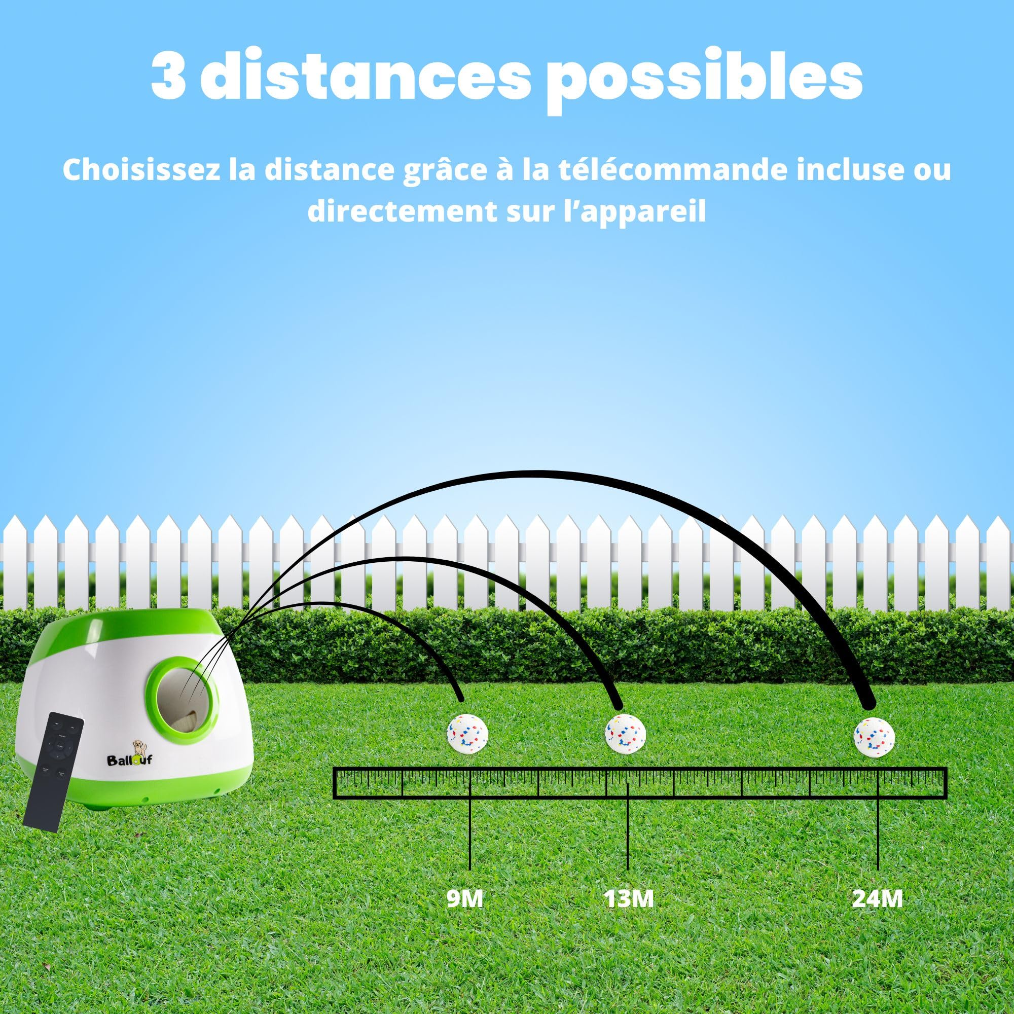 Climsom Lanceur de Balles Automatique Reconditionné pour Chiens Ballouf Deluxe – Inclus 6 balles – 6 Heures d'Autonomie – Télécommande Incluse – 3 Réglages de Distance