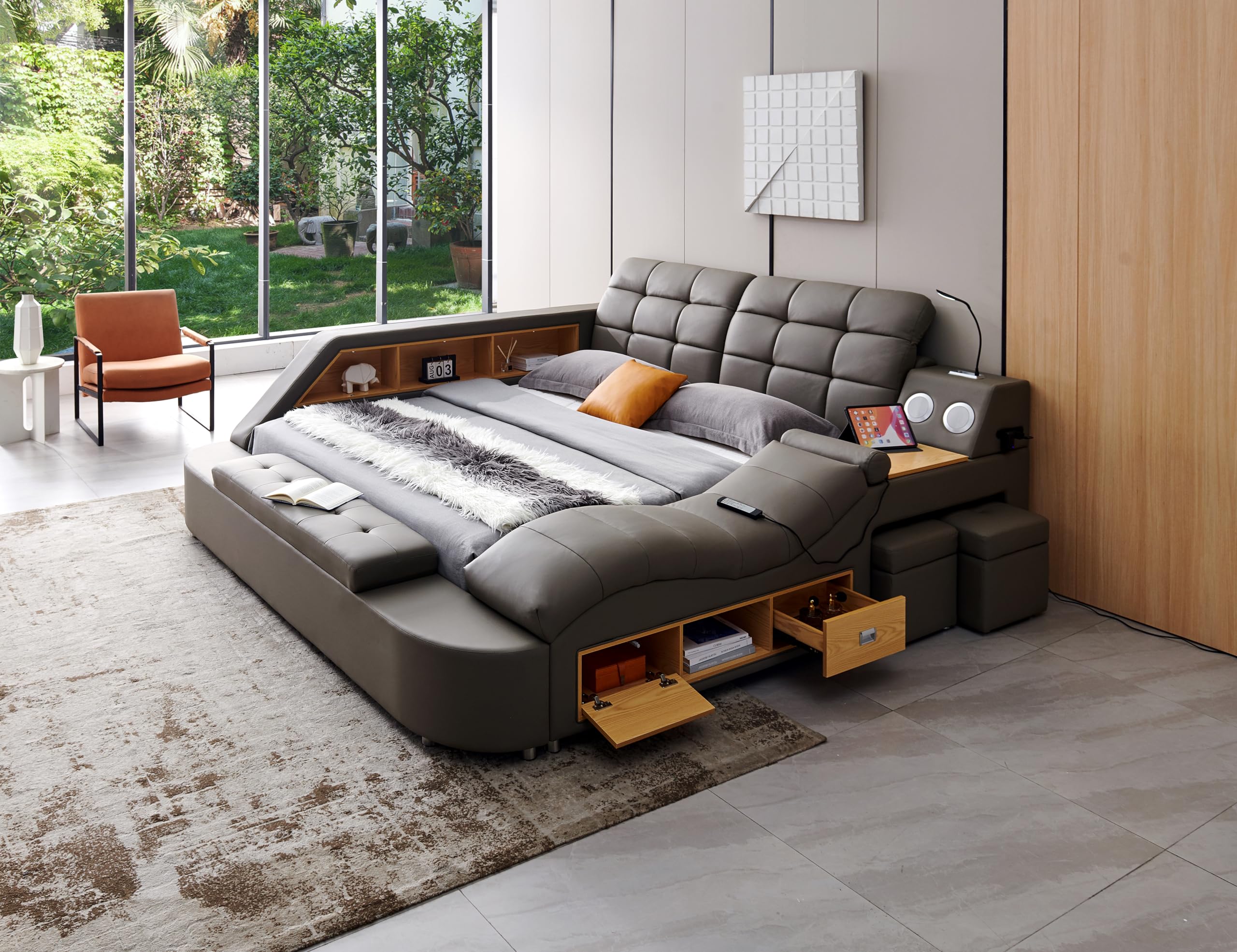 Multifunctional Upholstered Storage Bed Frame Massage Chaise Lounge on Right King Size Grey