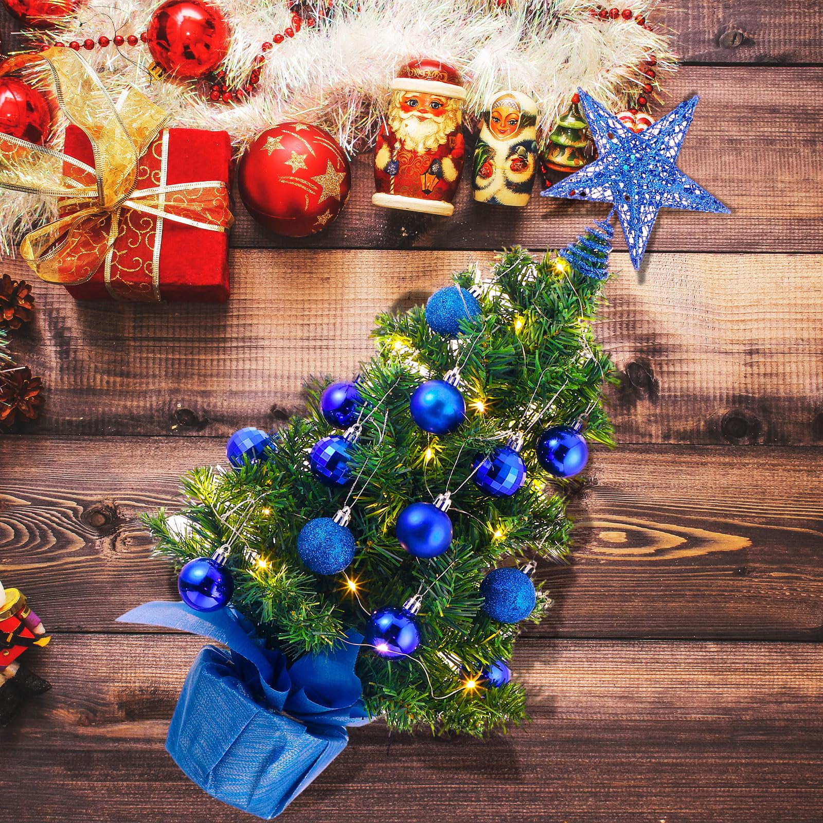 Lot de 24 mini sapins de Noël artificiels de table de 61 cm avec lumières - Décorations de Noël pour sapin de Noël, décorations de bureau (bleu roi)