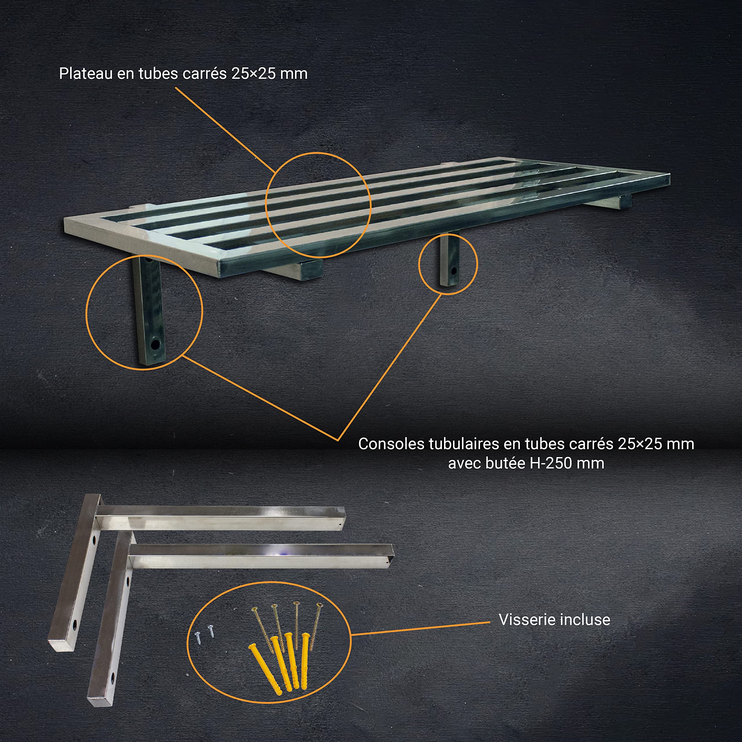L2G - Etagère Murale Tubulaire - Construction INOX - sans Dosseret - Plateau + Consoles en Tubes Carrés 25 x 25 mm - L.1000 mm x l.400 mm - Hauteur Totale 250 mm