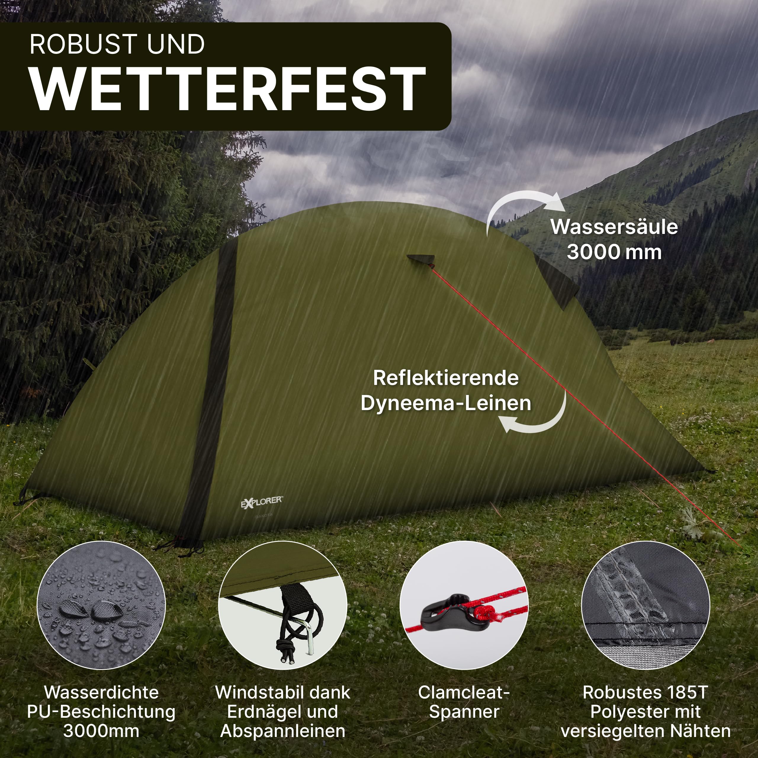 EXPLORER Dakota 1-2 Personen Zelt kleines Packmaß Ultraleicht für Fahrrad oder Motorrad Reise 1-2 Personen 3000mm Wassersäule mit separatem Innenzelt wasserdichter Boden Wandern Trekking Camping