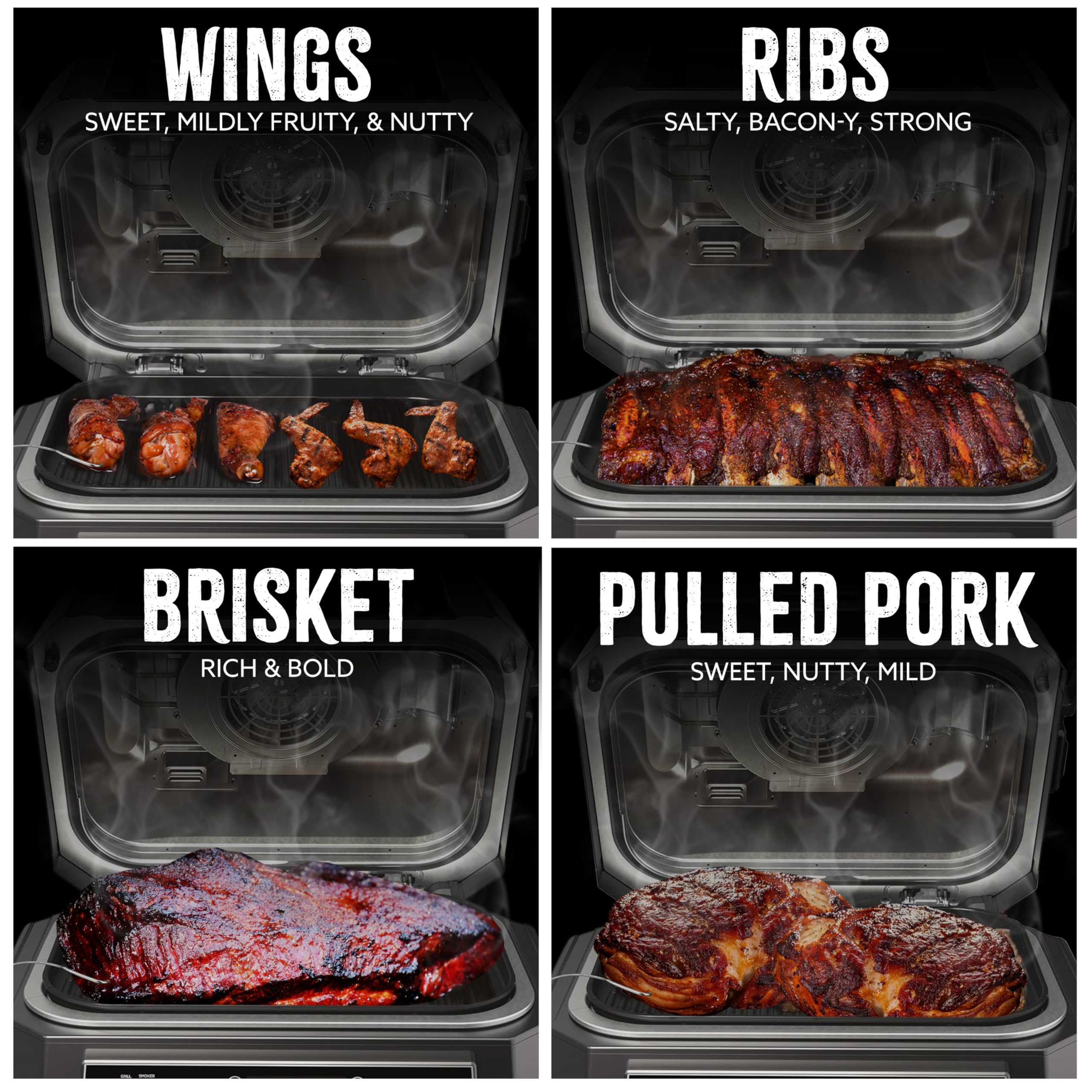 Kona Lot de 4 sacs refermables de 0,9 kg pour poitrine de granulés de bois, côtes, ailes et mélange de porc effiloché pour barbecue en plein air Ninja Woodfire