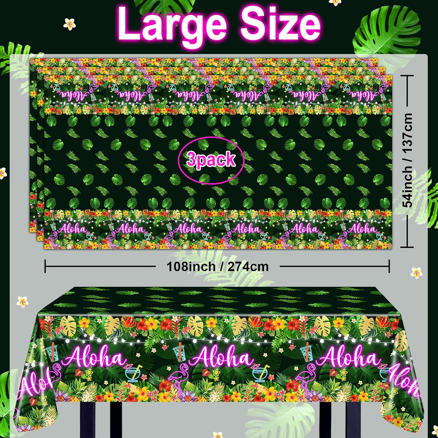 Avezano 3 pcs Hawaiian Aloha Tablecloths 108 x 54 inch Tropical Disposable Plastic Table Covers Luau Table Cloth Summer Birthday Cocktail Party Supplies