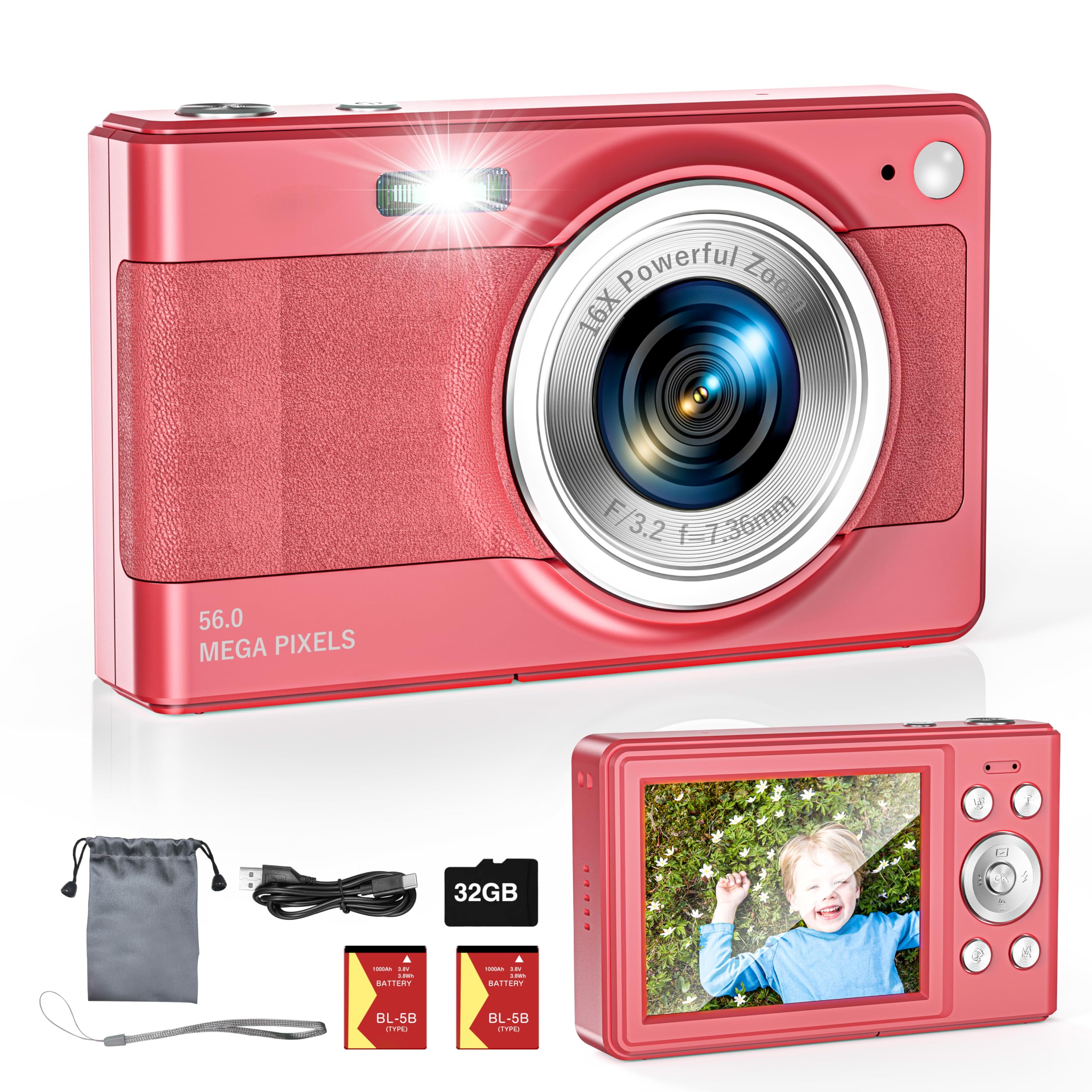 Upgrade Digital Camera, 56MP, 1080P, 16x Zoom, Anti-Shake, 32GB TF Card, Two Batteries, Lanyard, Compact（red）-picture-22