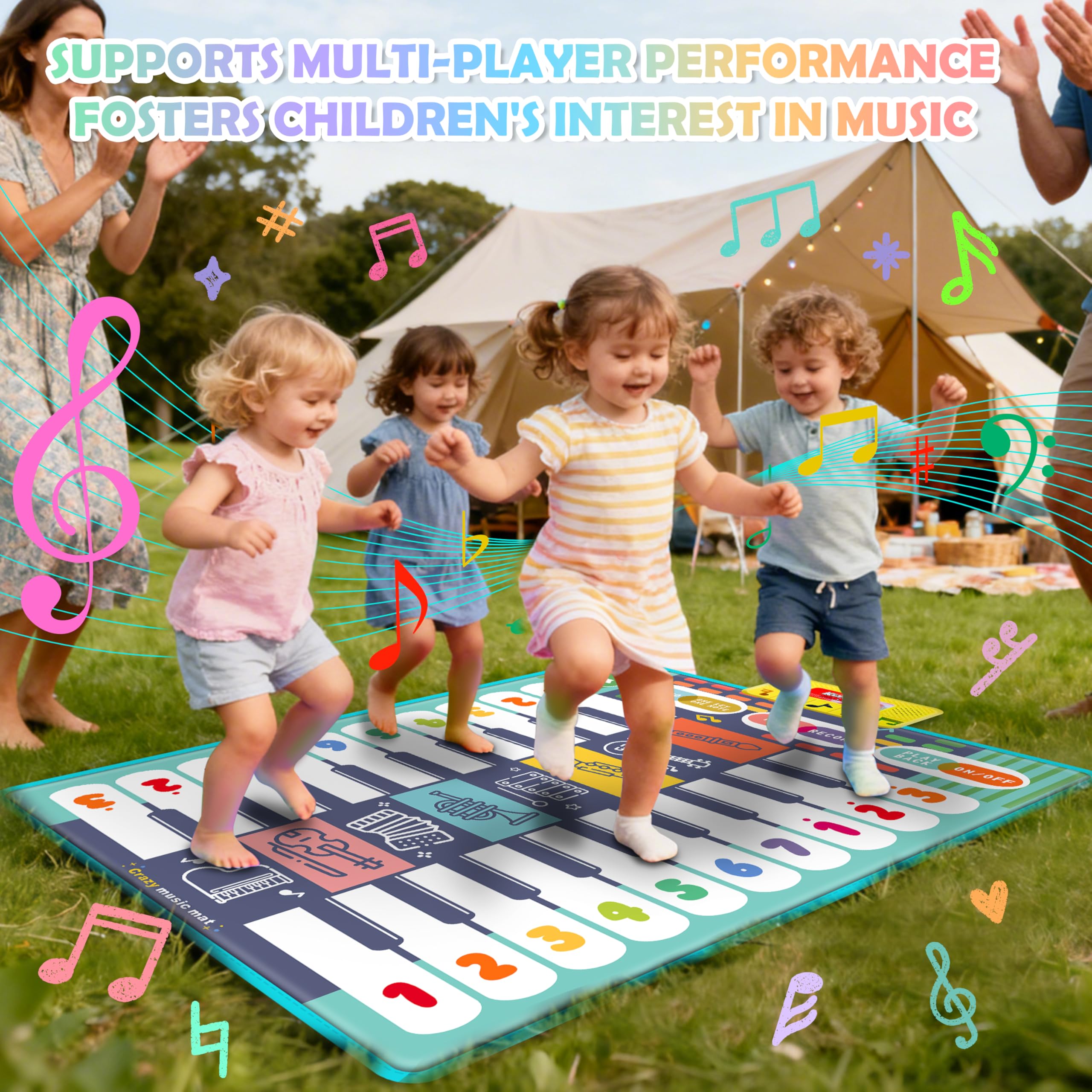 Charmofun Tappeto Musicale Bambini, Tappetino Musicale per Pianoforte con 8 Strumenti, 10 Canzoni Incorporate, Giocattolo Musicale Regalo Natale e Compleanno per Ragazzi Ragazze 1 2 3 4 Anni