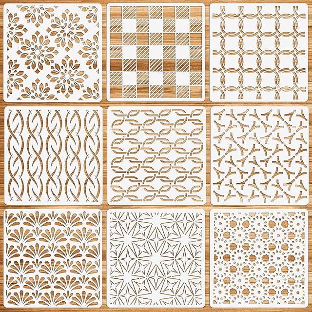 OOTSR 9 Pcs Painting Stencils for Craft Reusable, Plastic Drawing Craft Stencils DIY, 7.8" Stencils Templates of Geometric, for Scrapbooking Furniture Wood Floor Wall Home Decor