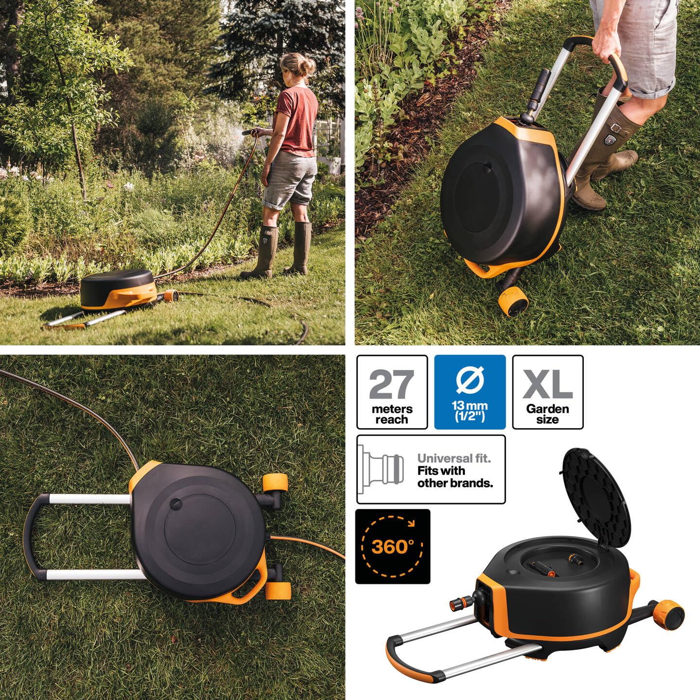 Fiskars Waterwheel XL mit Rädern, All-Inclusive-Bewässerungs-Set, 27 m Gesamtreichweite, Automatisches Aufrollen, Gartenschlauch in Universalgröße (Ø 13 mm), Universal-Hahnverbinder, X-series, 1067548