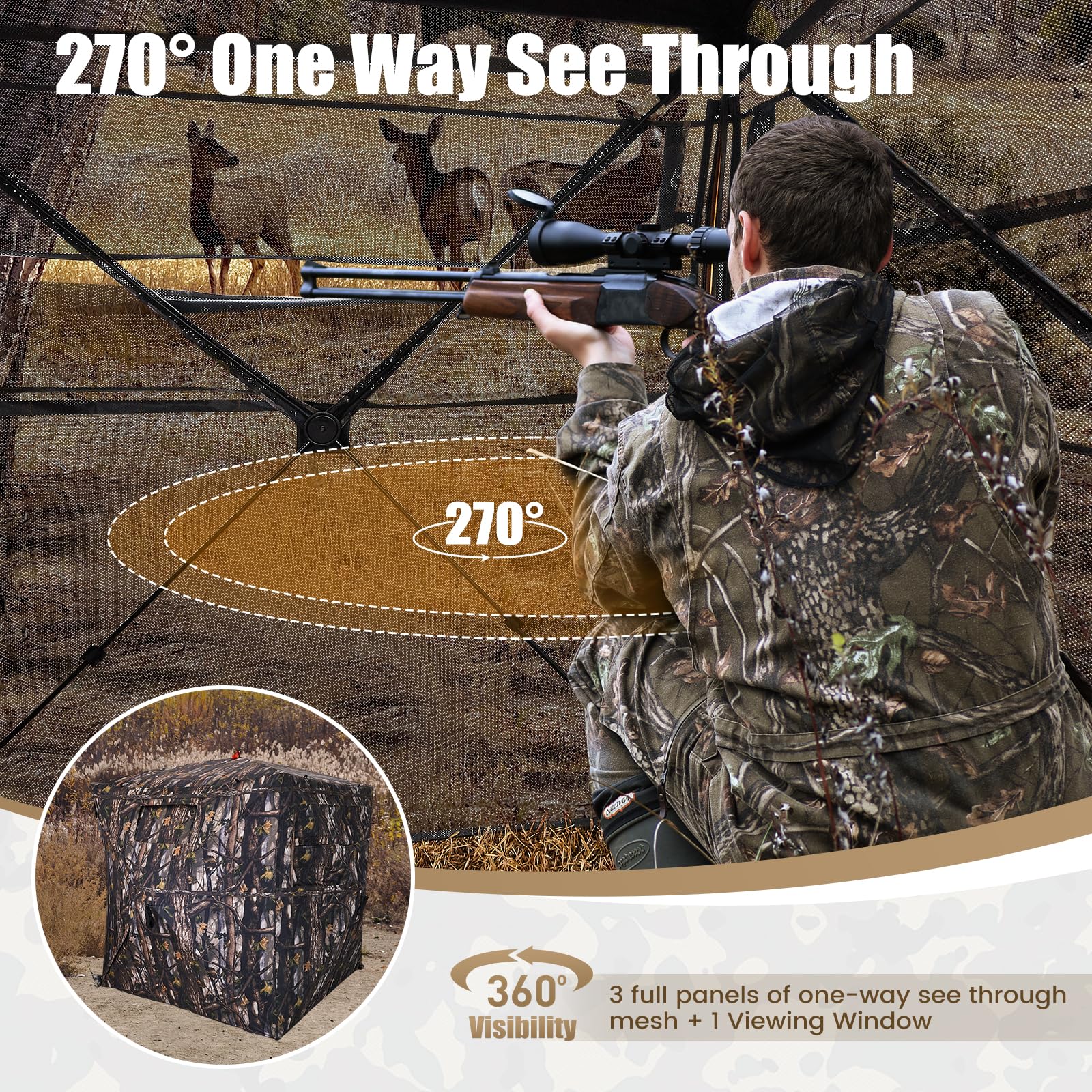 Hunting Blind 300D See Through Ground Blinds, 3-4 Person 270 Degree 2 Doors Pop Up Deer Blind Portable Camouflage Hunting Tent, for Turkey & Deer Hunting with Cyclone Tent Stakes and Wind Ropes