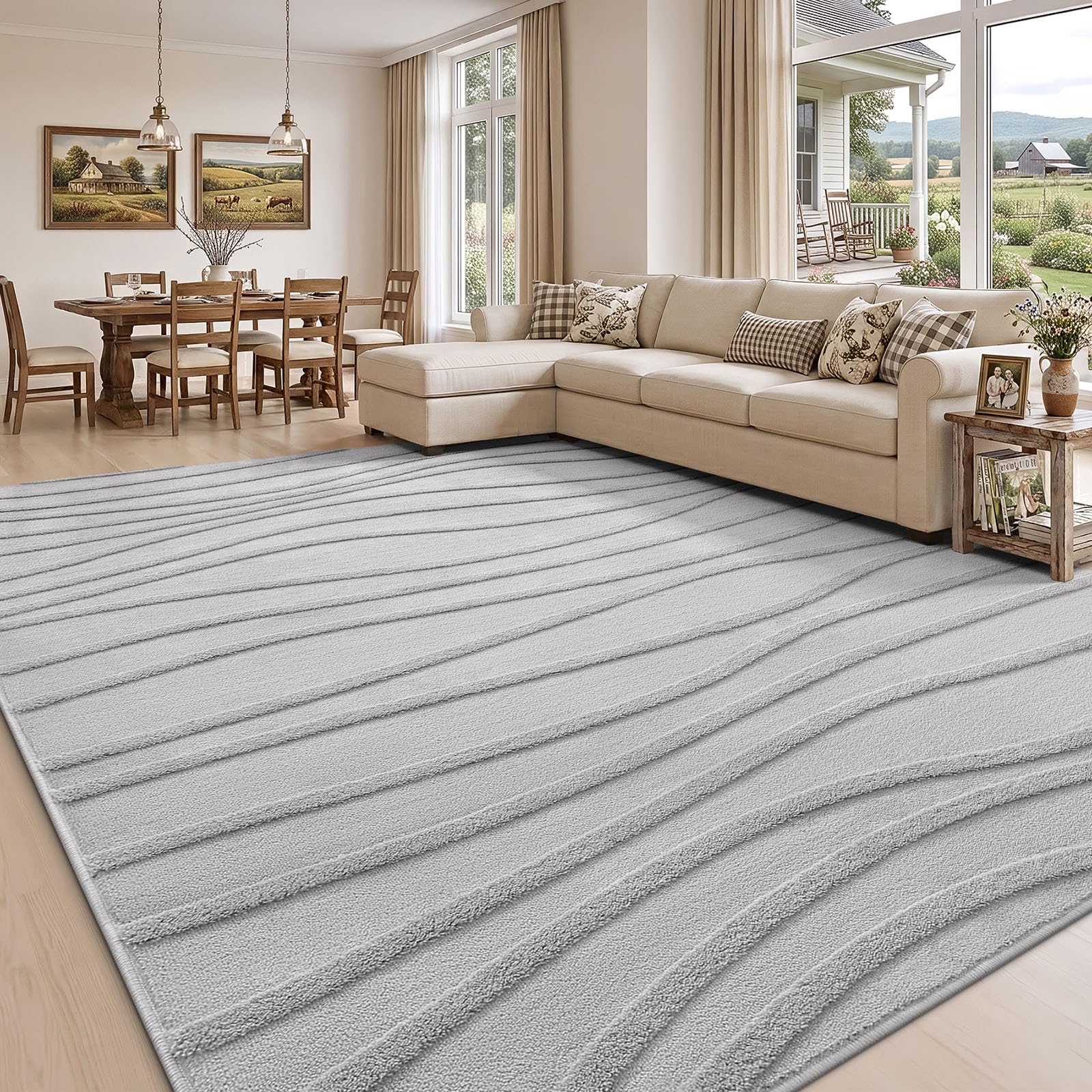 Homaxy Tapis Salon 160x220cm, Lavable, Peluche Ondulée, Antidérapant, Gris