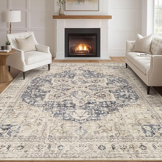 Tortania Area Rug Living Room Rugs - 9x12 Washable Boho Rug Vintage Oriental Distressed Farmhouse Large Thin Indoor Carpet for Living Room Bedroom Under Dining Table Home Office - Cream Blue