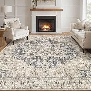 Tortania Area Rug Living Room Rugs - 12x15 Washable Boho Rug Vintage Oriental Distressed Farmhouse Large Thin Indoor Carpet for Living Room Bedroom Under Dining Table Home Office - Cream Blue