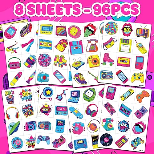 Miniatura 3 de Tatuajes temporales retro de Regreso a los años 90 y 80 para niños, diseños coloridos, 96 piezas, perfectos para fiestas temáticas de cumpleaños,