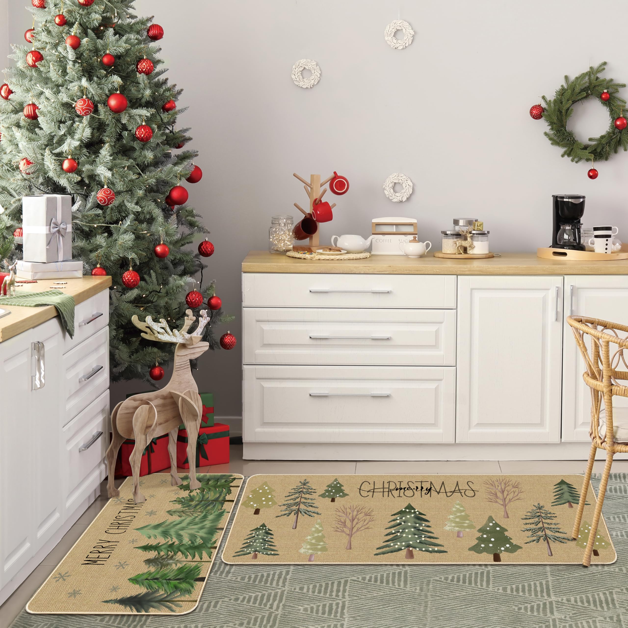 Beige 2-Pieces Kitchen Mats Indoor Winter Holiday Decor Rug Set 17 In. X 29 In. 17 In. X 47 In. Christmas Trees JOKM03 - The Home Depot