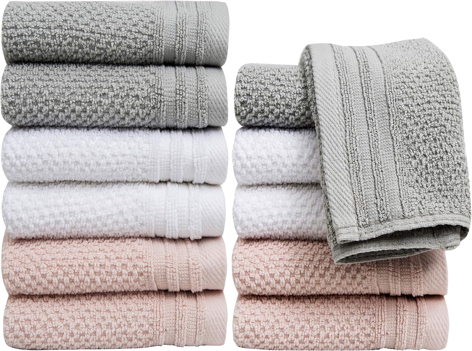 Pleasant Home Washcloths Set - 12 Pack (12” x 12”) – 488 GSM- 100% Ring Spun Cotton Wash Cloth - Super Soft and Highly Absorbent Face Towels (Light Grey Combo, Popcorn Design)