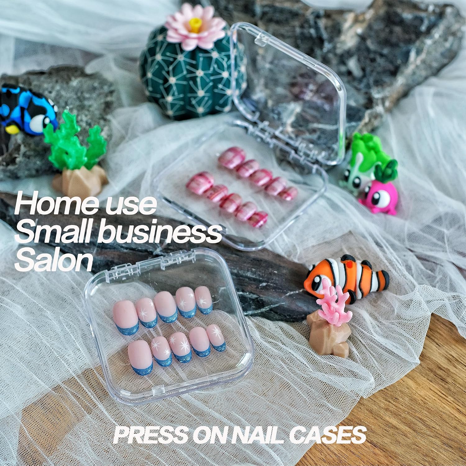 16 Pcs Press On Cases for Nails Bulk Plastic Nail Containers with 60 Adhesive Glue Tabs and 2 Cuticle Pusher,3x3in Fake Nail Display Case Nail Packaging Storage Boxes for Salon Business(clear)