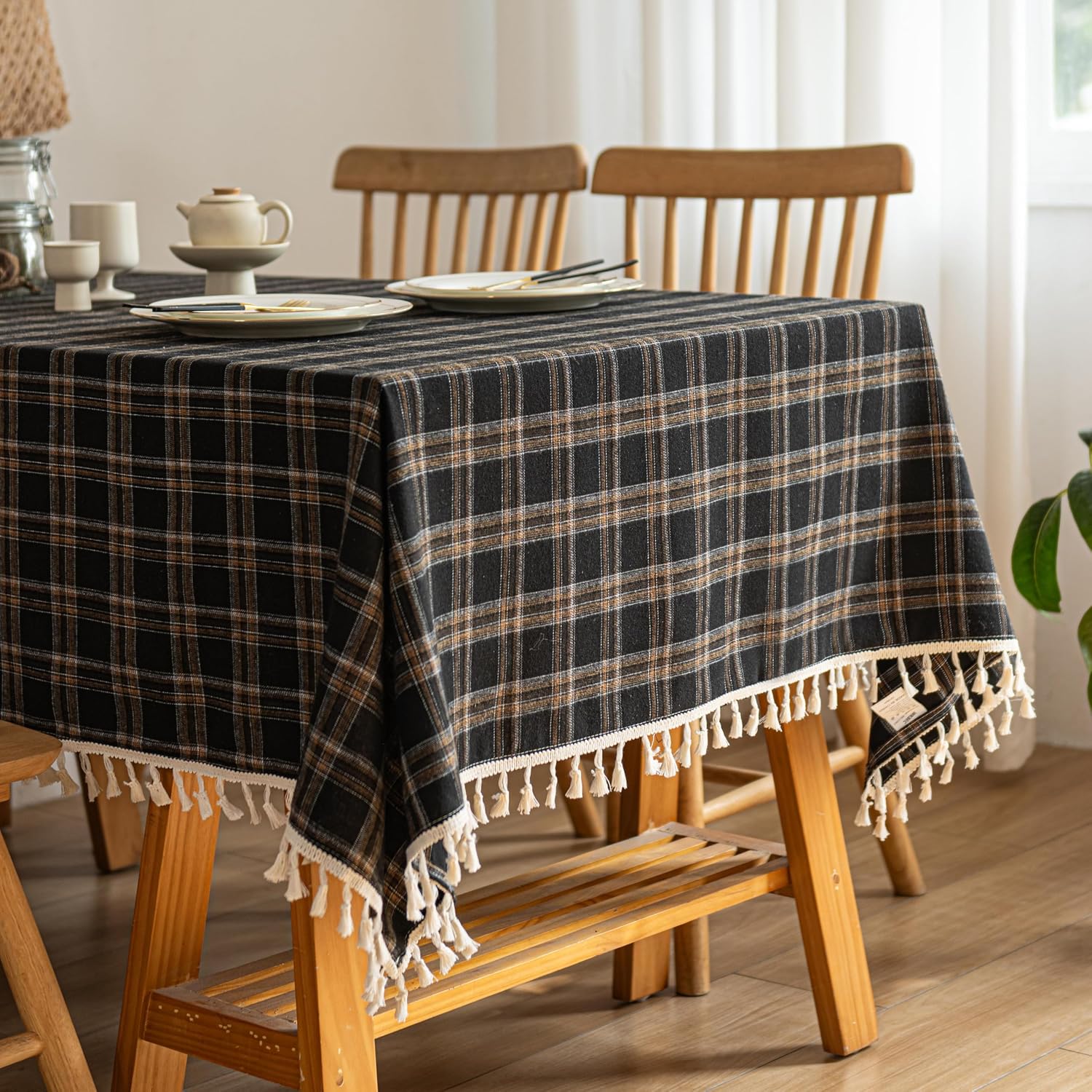 Farmhouse Plaid Tablecloth with Tassel Fringe, Polyester Cotton Rustic Table Cover, Washable Rectangular Dining Tablecloth for Kitchen, Dining Room, Parties and Everyday Use,59 * 70,Navy Blue