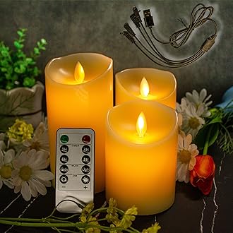 LEDHOLYT Flameless Candle, Flickering LED Pillar Candle, Electronic Candle with Remote Control and Timer, USB Rechargeable Candle, Set of 3