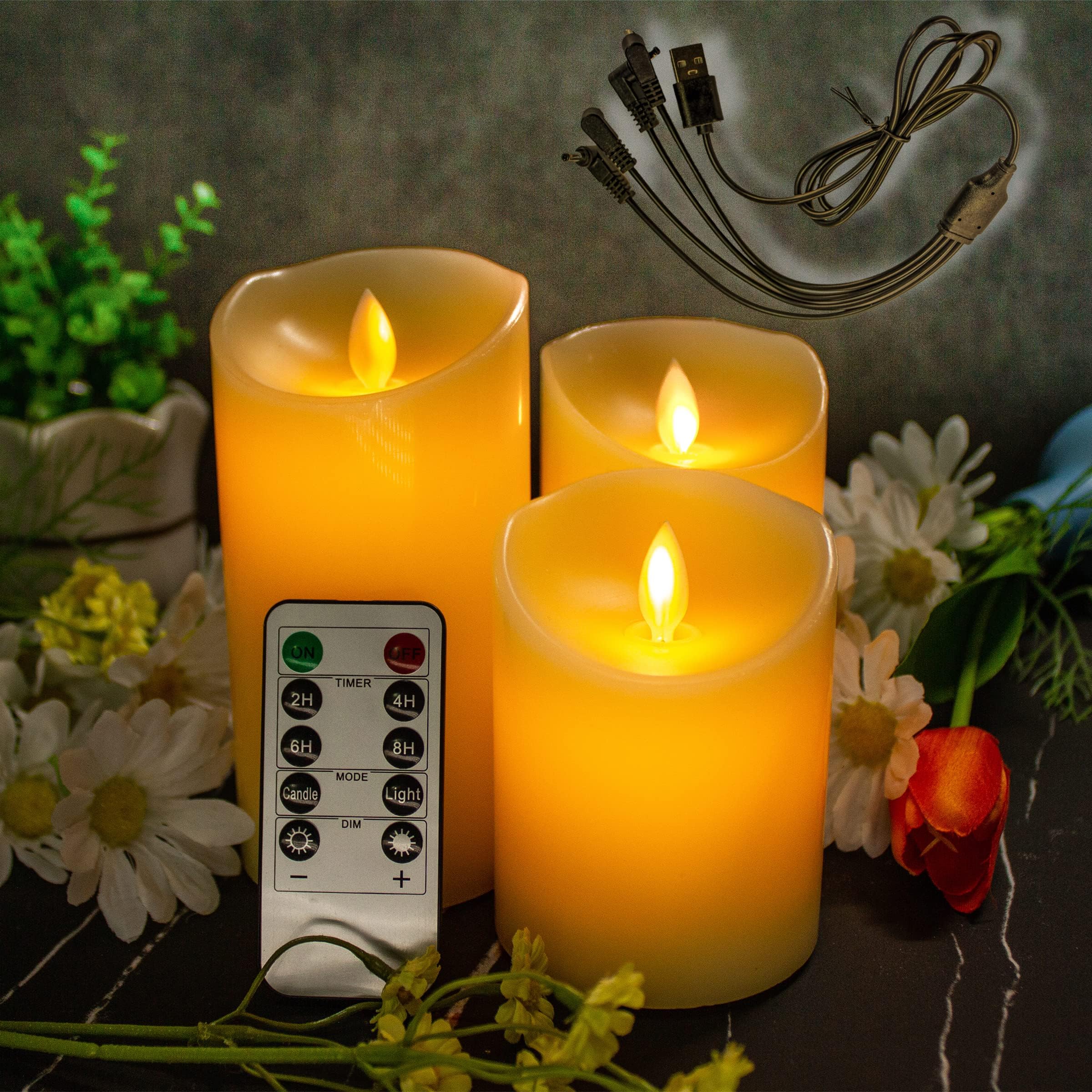 LEDHOLYT Flameless Candle, Flickering LED Pillar Candle, Electronic Candle with Remote Control and Timer, USB Rechargeable Candle, Set of 3