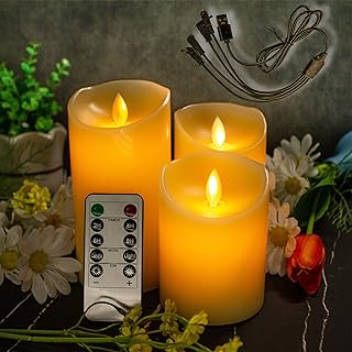 LEDHOLYT Rechargeable Flameless Candle, Flickering LED Pillar Real Wax Candle, Electronic Candle with Remote Control and Timer, USB Rechargeable Candle, Set of 3