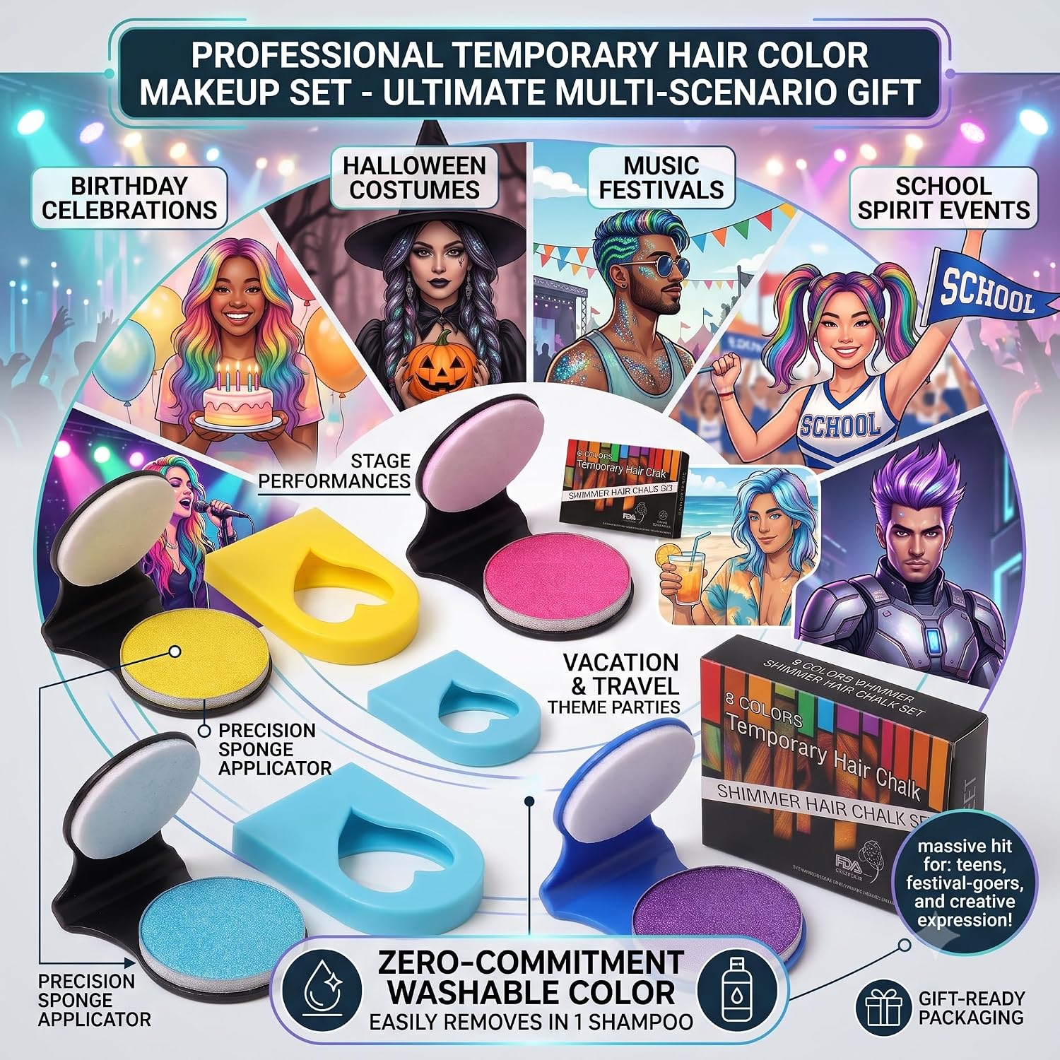 8 Colors Shimmer Hair Chalk for Girls & Adults, Washable Temporary Hair Color Makeup Set, Instant Sparkly Glitter Hair Dye Cake for Cosplay, Halloween, Music Festivals, Unique Styling Gifts for Teens