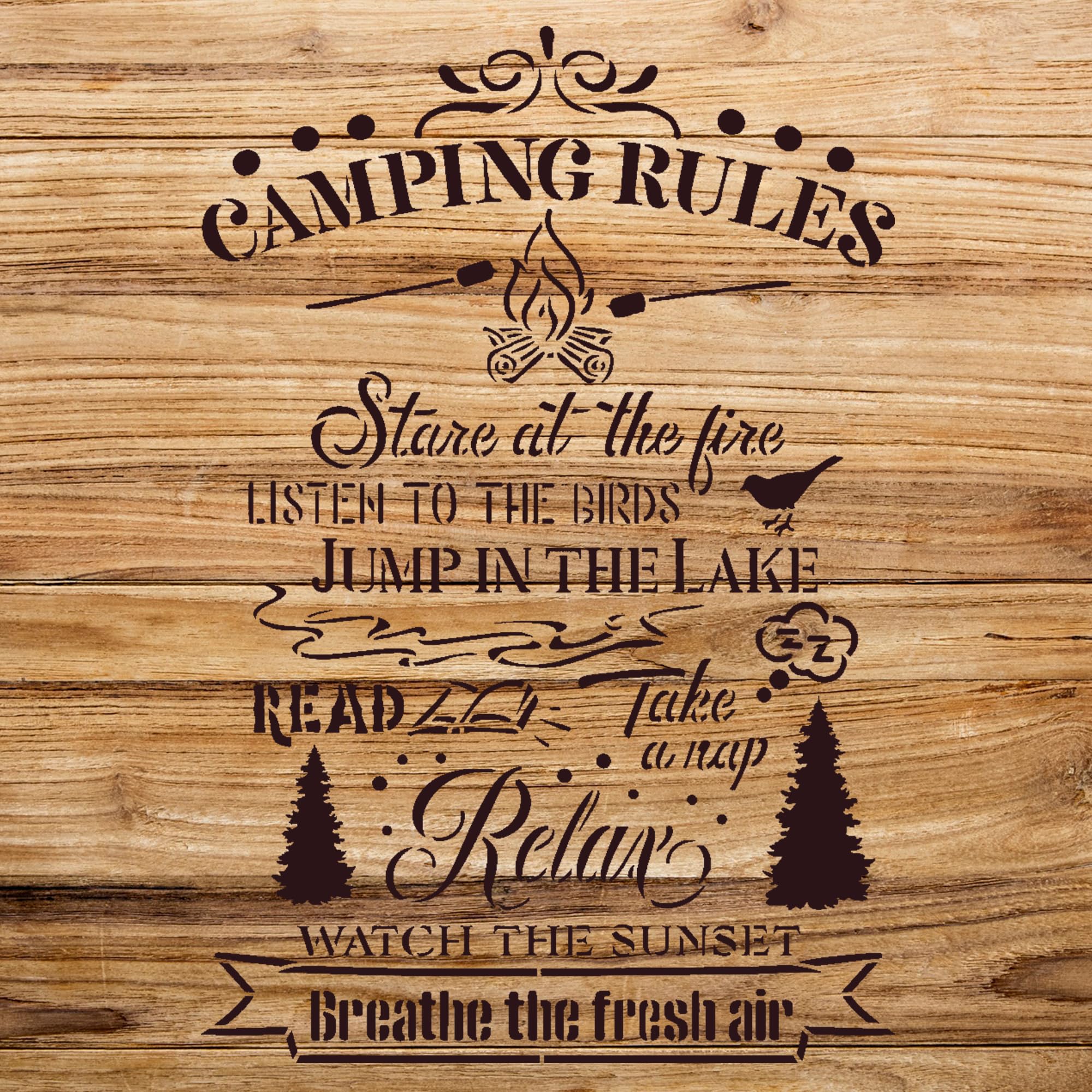 Camping Rules Stencil for Wood and Outdoor Decor, Reusable Mylar Template, Ideal for DIY Camper and Cabin Craft Projects - Size A2 (16.9