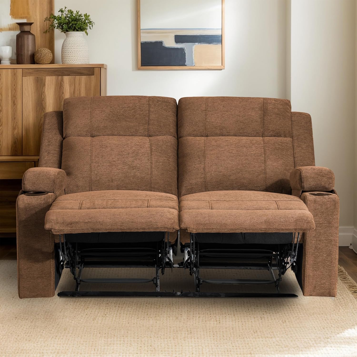 55" RV Loveseat Recliner – Space-Saving Double Reclining RV Sofa, Compact Theater Seating with Cup Holders & Storage Pocket, Brown Chenille Couch for Camper, Motorhome & Home Theater