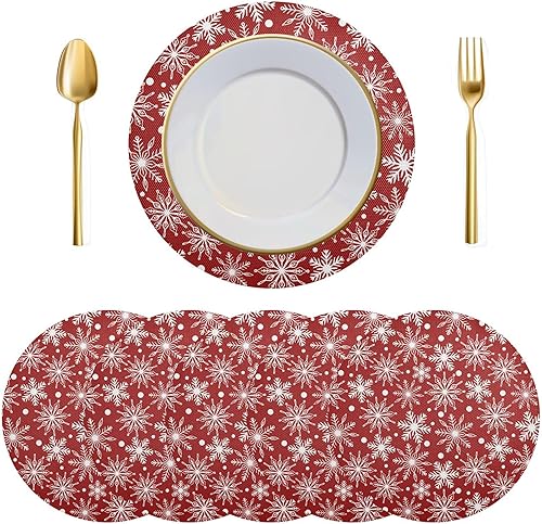 Miniatura 21 de Juego de 6 manteles individuales redondos, manteles individuales de copos de nieve dorados de Navidad, resistentes al calor, para mesa de comedor,