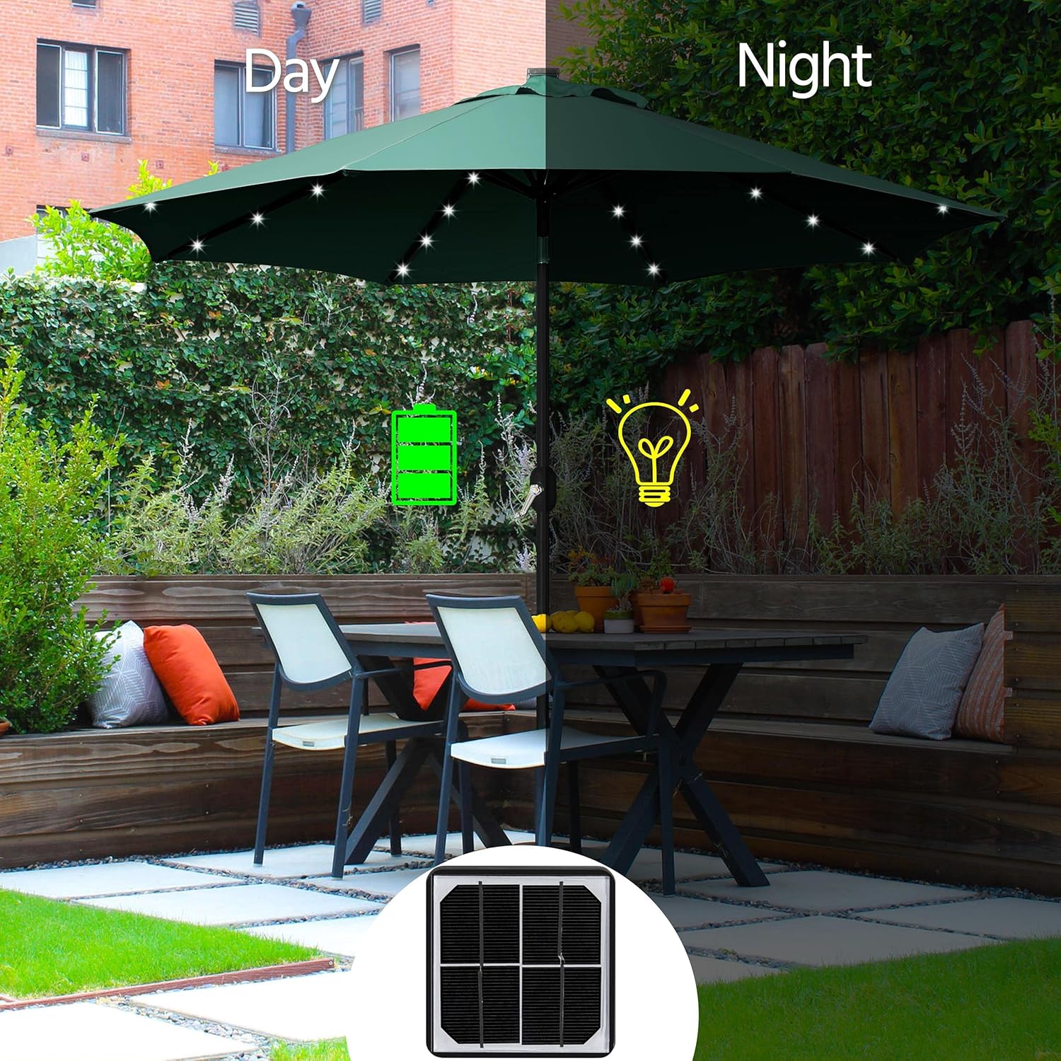 Yaheetech 9FT LED Patio Market Umbrella Solar Outdoor Table Umbrella 8 Ribs with 22lbs Round Base All Weather Stand for Garden/Lawn/Deck/Backyard/Pool Dark Green