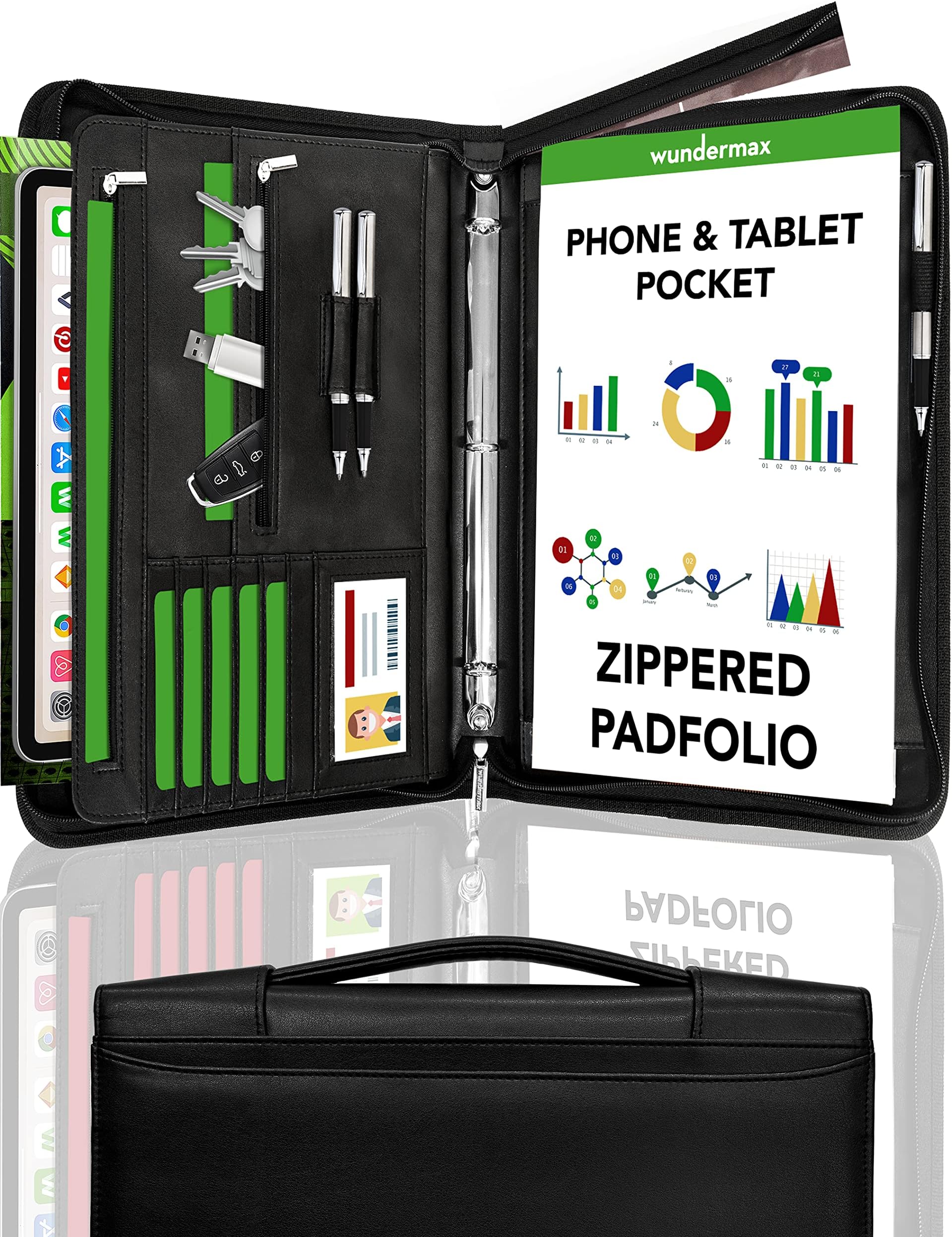 Wundermax Zippered Ring Binder with Handle Padfolio