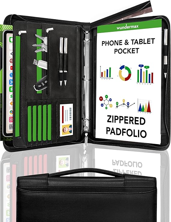 Wundermax Portfolio Binder A Zippered Padfolio with Handle & 3 Ring