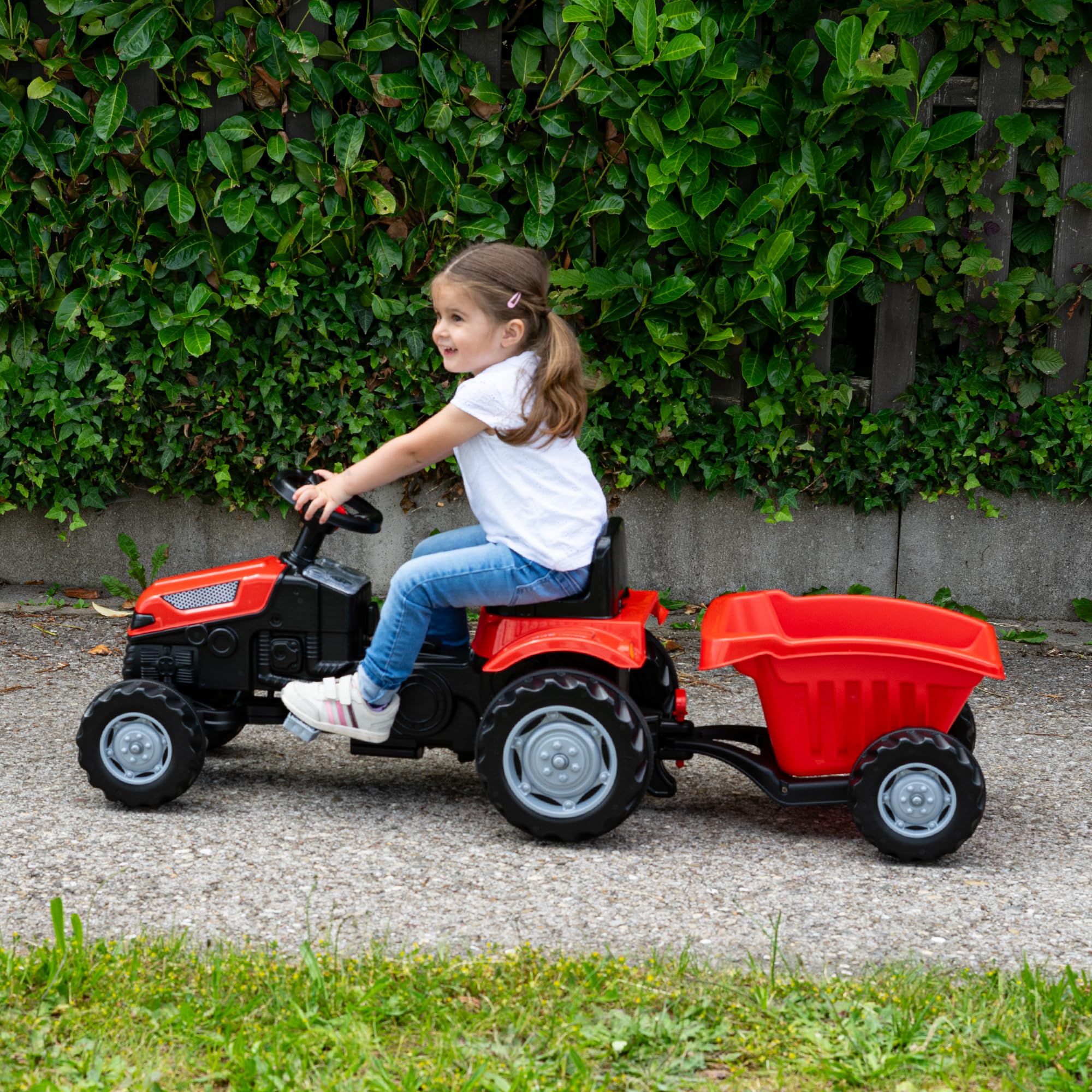 Lemodo Trettraktor rot ab 3 Jahre, Kindertraktor mit Anhänger, Verstellbarer Sitz, Kettenantrieb, Hupe, Traktor zum Draufsitzen für Garten & Hof, Kinderfahrzeug (rot mit Anhänger)