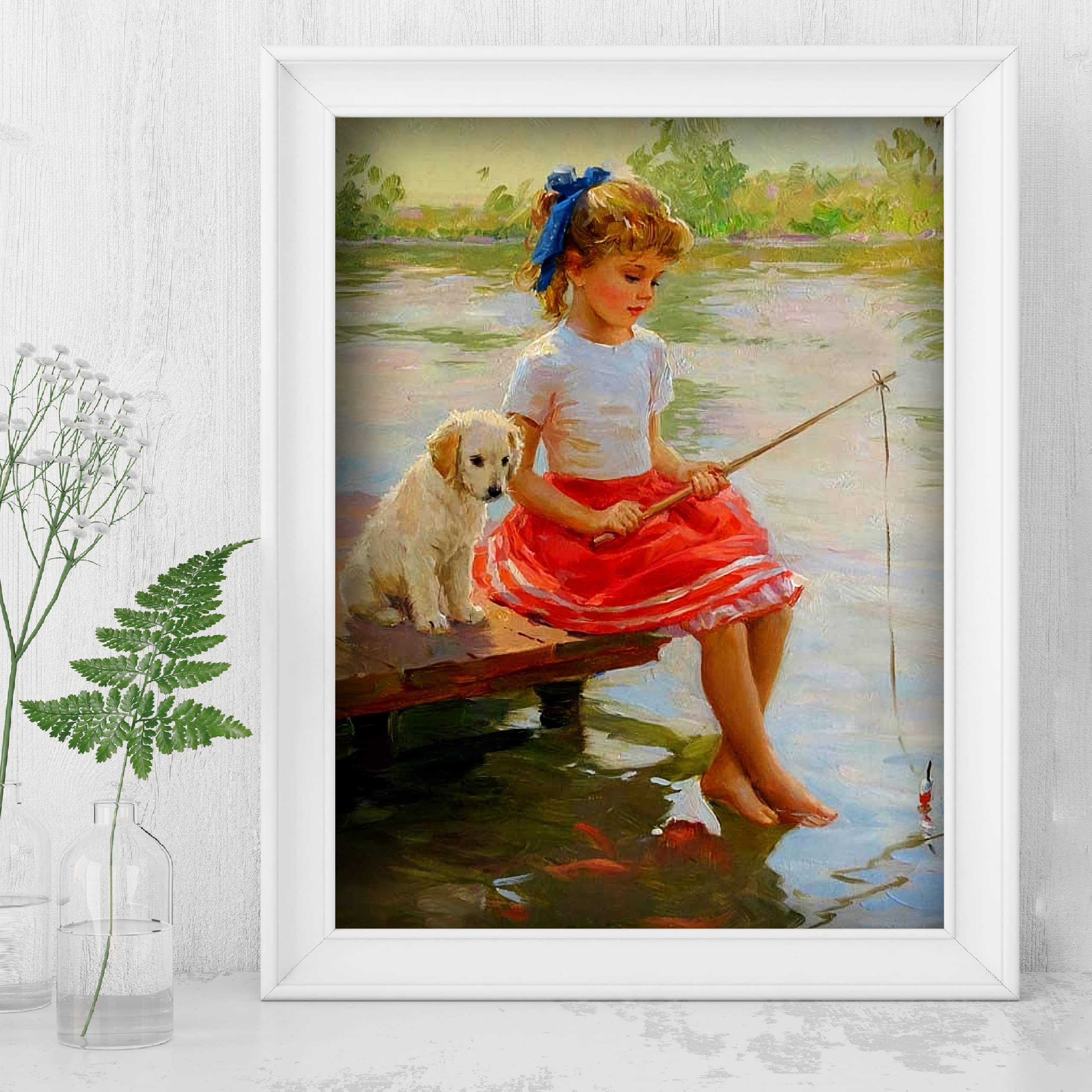 Amazon.com: AMERICAN LUXURY GIFTS Girl and Dog Lake Scene Wall Art