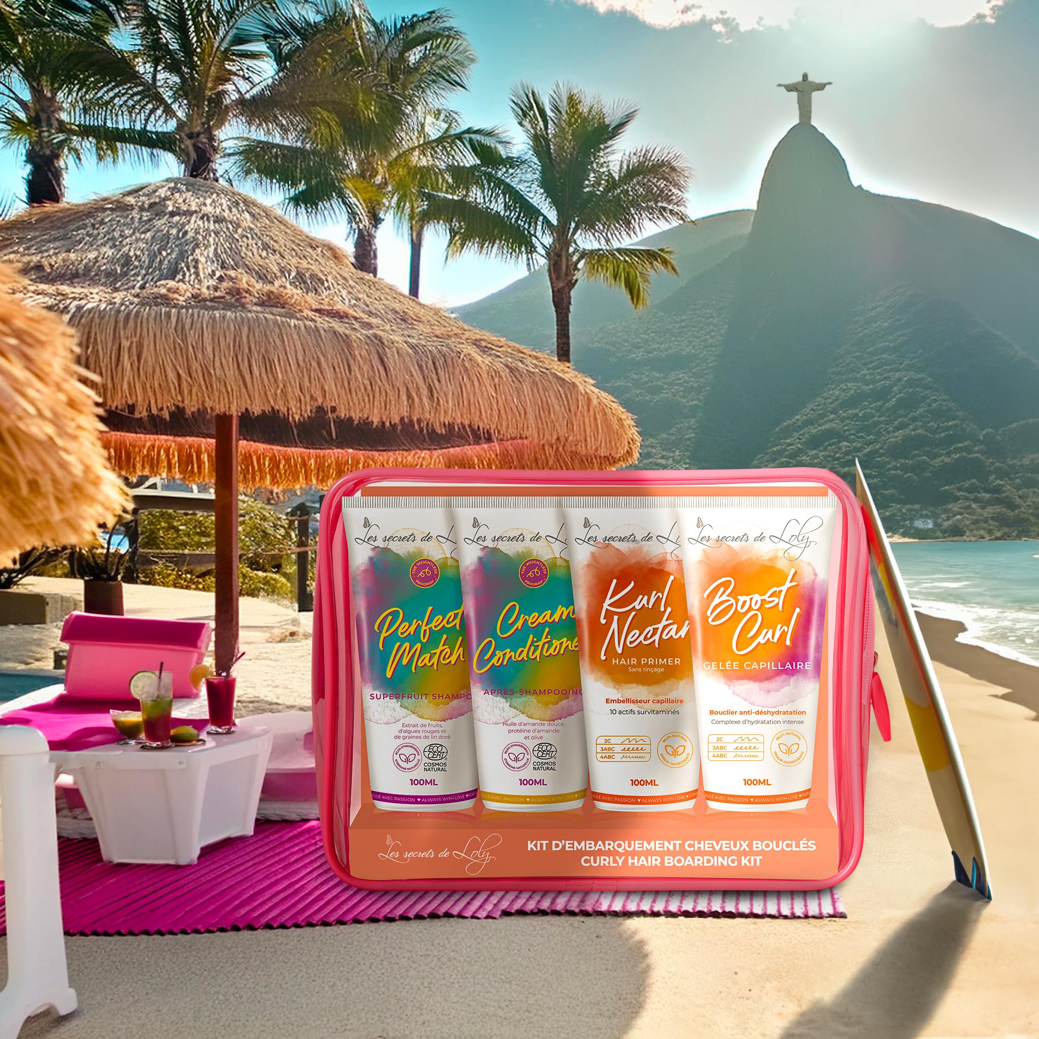 Les Secrets de Loly - Trousse de Voyage Cheveux Bouclés – 4 Soins 100ml – Shampooing + Après-Shampooing + Leave-in + Gelée – Format Cabine