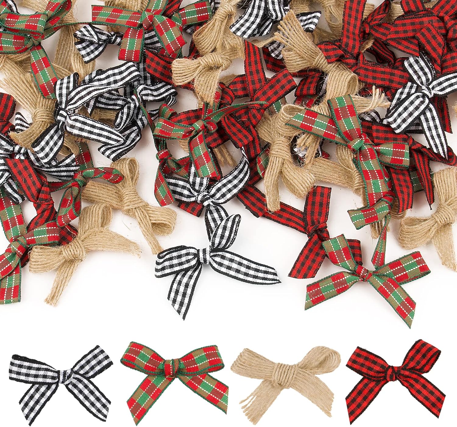 BETESSIN 100Pcs Mini Christmas bows, Christmas Mixed Plaid Bows Burlap
