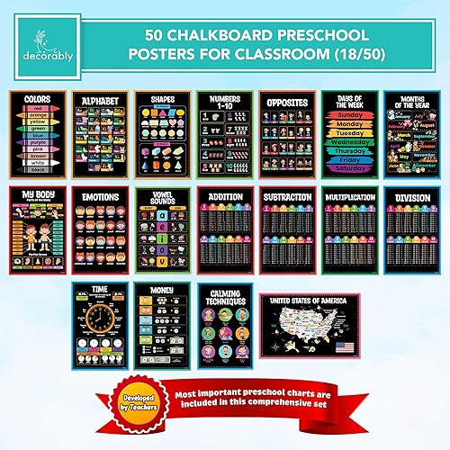 Miniatura 3 de Decorably 50 pósteres preescolares de pizarra para niños pequeños, 11 x 17 pulgadas, laminados mate, carteles de aprendizaje educativo para jardín