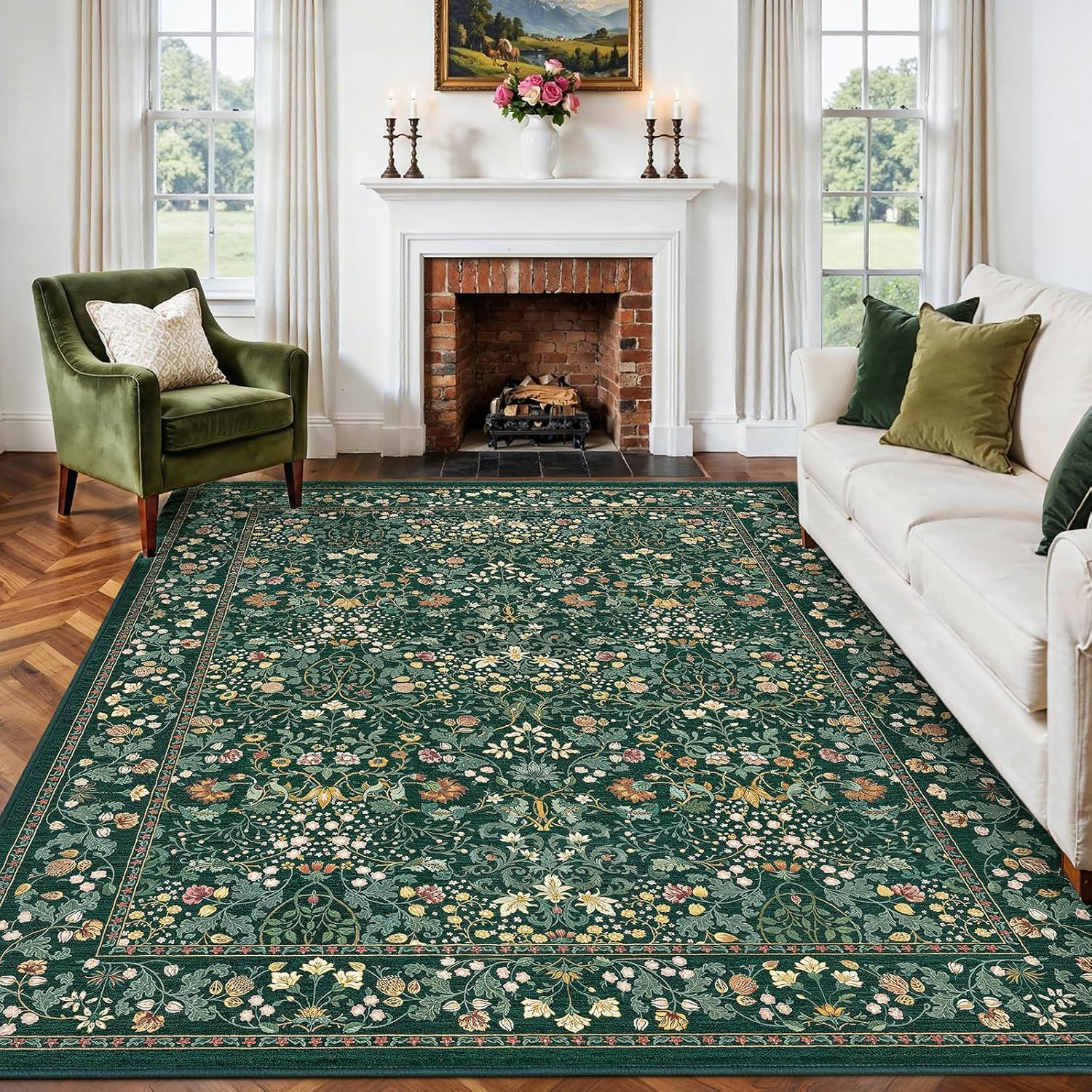 AMADA HOMEFURNISHING 8x10 Area Rugs for Living Room, Washable Non-Slip & Low-Profile Floral Large Area Rug with Durable Edge Binding, Soft Rugs for Living Room, Bedroom, Dining Room