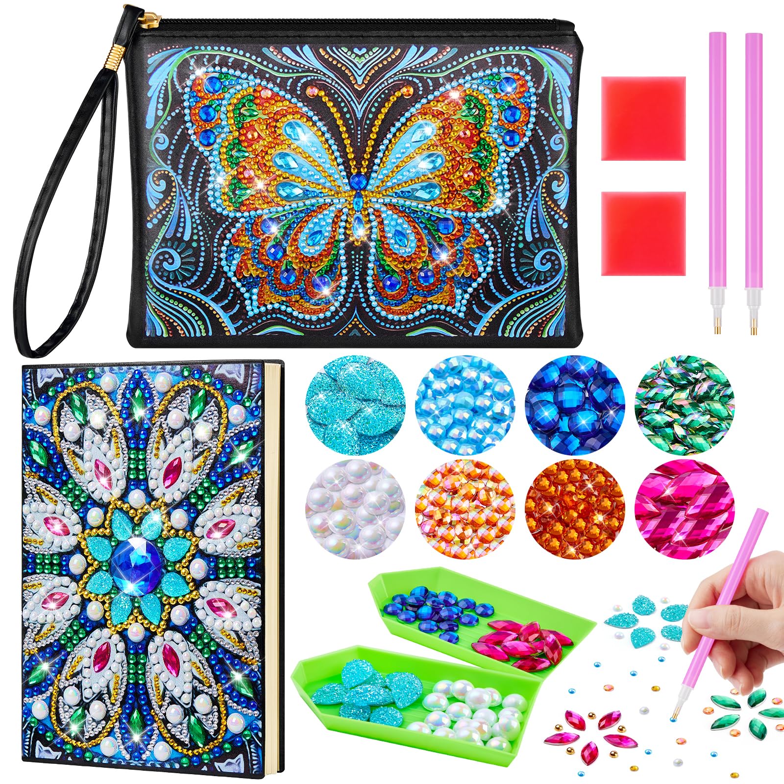 Enbagold Diamond Painting Kit Completo, Pittura Diamante Borsa e Taccuino A5, Diamond Painting Bambina, Regalo Bambina 6 7 8 9 10 Anni, Giochi Bambina 6-12 Anni Femmina -Farfalla Blu + Piuma Pavone