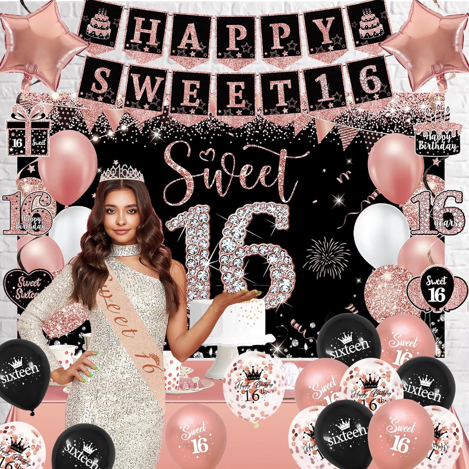 Trgowaul Sweet 16th Birthday Decorations for Girls, 30pcs Black Rose Gold Happy Birthday Party Supplies, 16th Crown and Sash, Banner, Hanging Swirl Flag, Balloons, 16 Year Old Party Decorations Kit