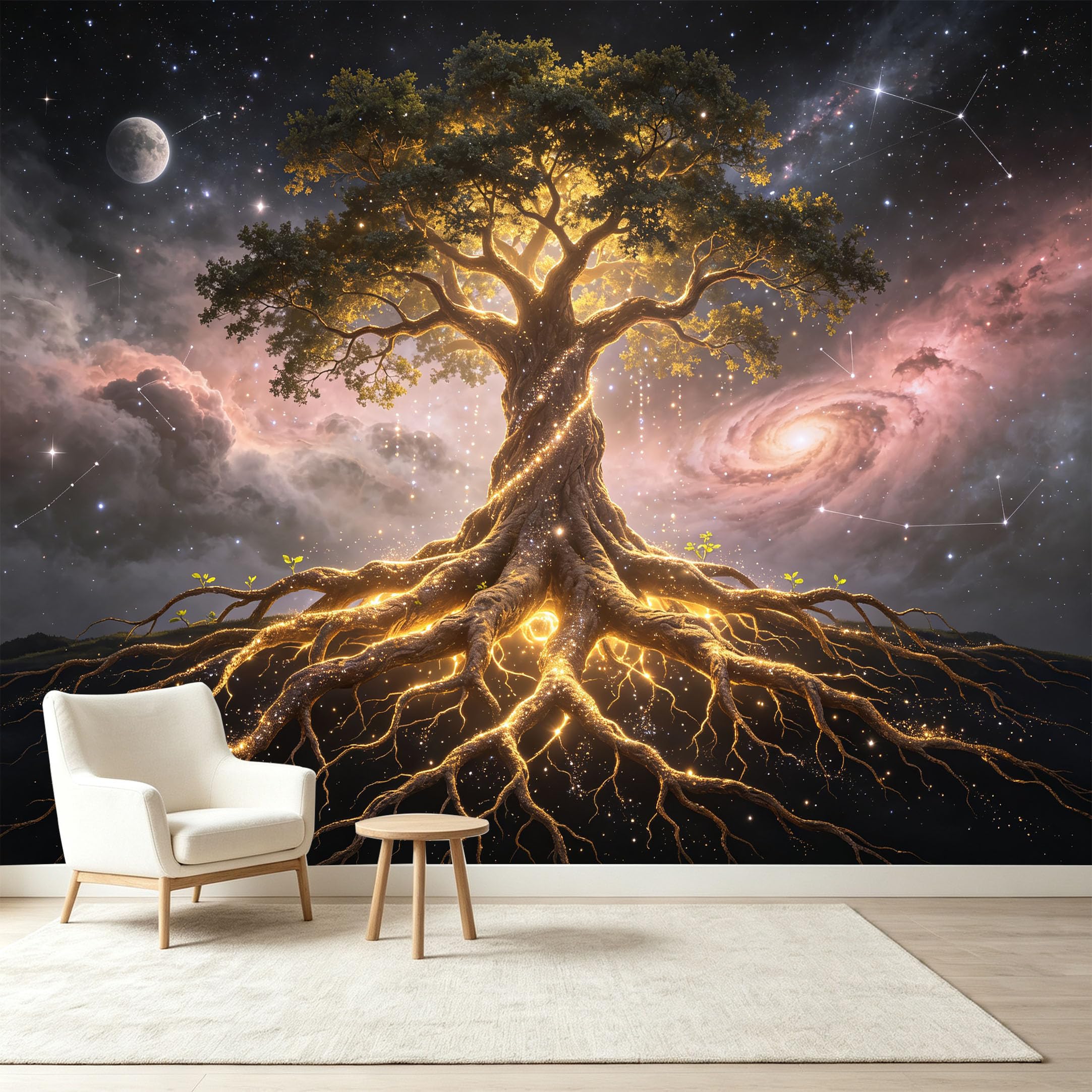 Custom Size Wall Murals Cosmic Ancient Tree Nebula Energy Giant Tree Self-Adhesive Wall Fabric Removable Wallpaper Wall Decor for Living Room Bedroom Bathroom