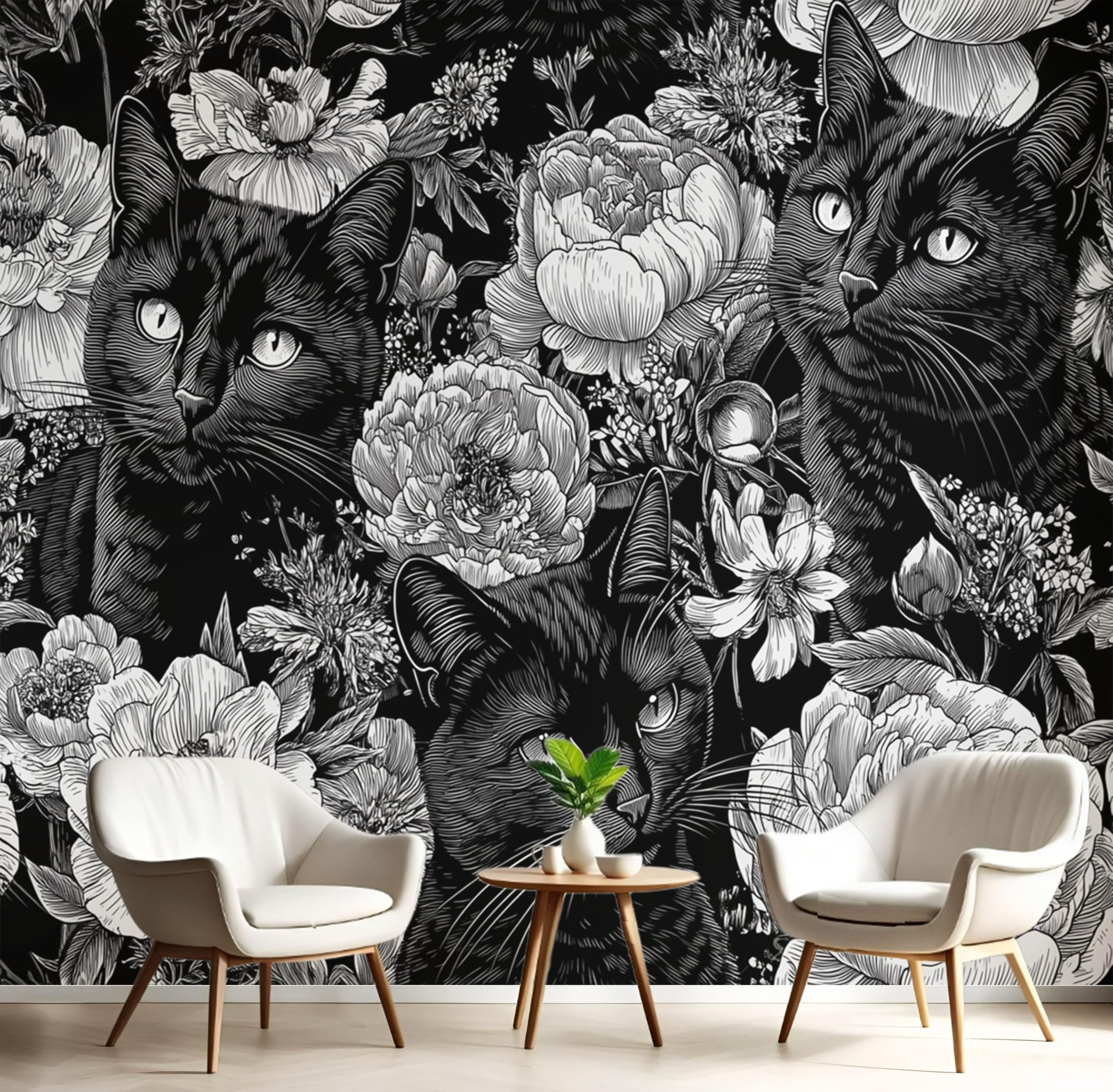 Mural de pared panorámico con efecto pintado a mano de tinta negra estilo barroco