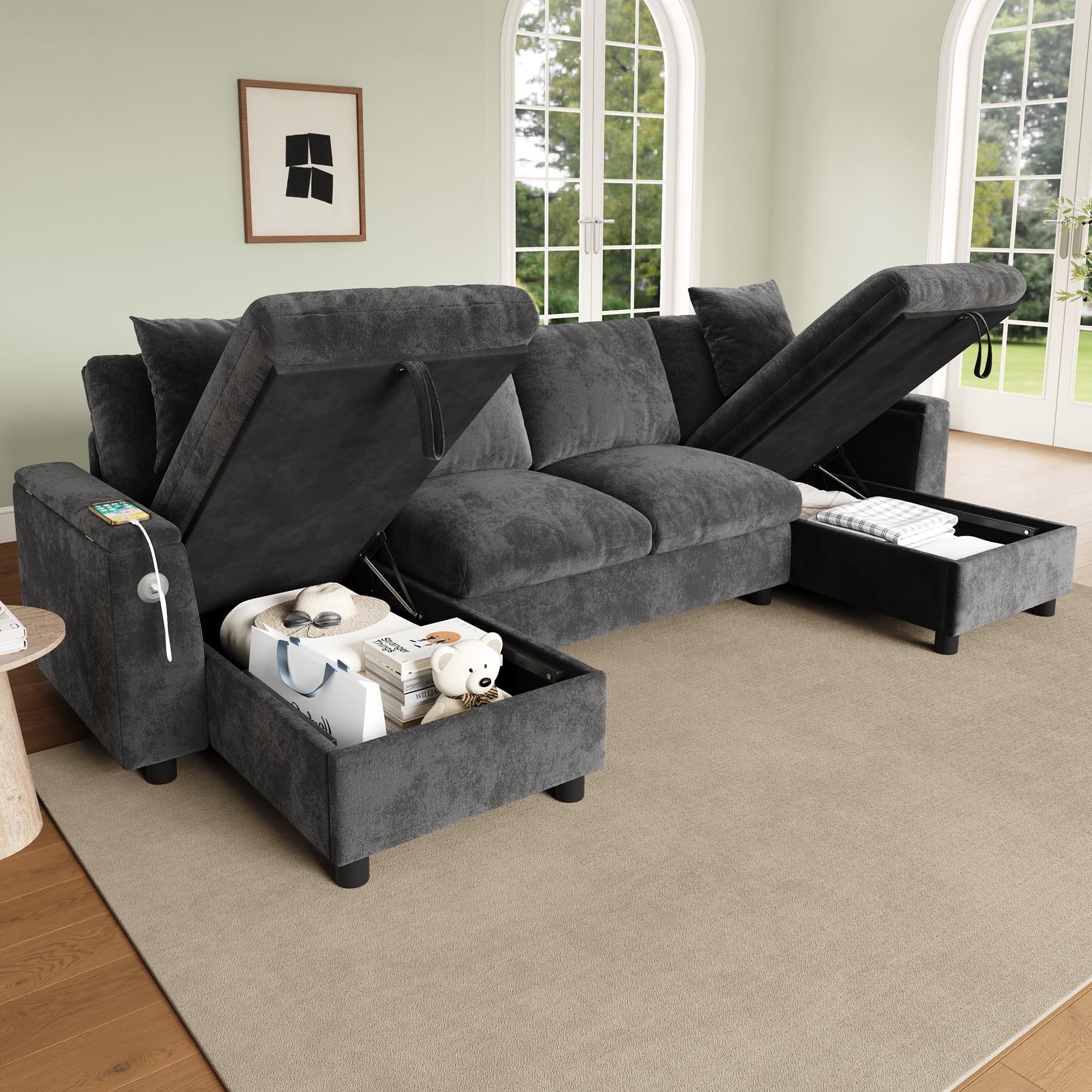 Muskel Chenille Wohnland 284 × 135 cm, sofá esquinero en forma de U con dos chaise longues y 2 plazas, sofá con espacio de almacenamiento abatible, cómodo sofá para salón, gris