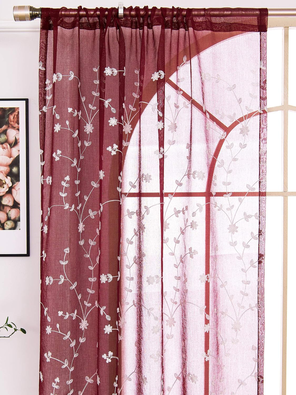 AmHoo 2 Panels Leaf Flora Embroidered Farmhouse Semi Sheer Curtain Voile Curtains for Living Room Bedroom Window Treatment Burgundy Red 53 x 96 Inch - Image 4