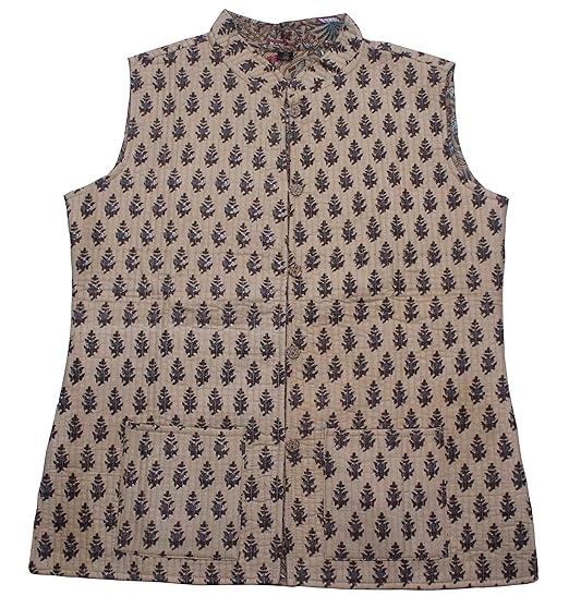 Women's Cream Printed Cotton Quilted Reversible Sleeveless Jacket