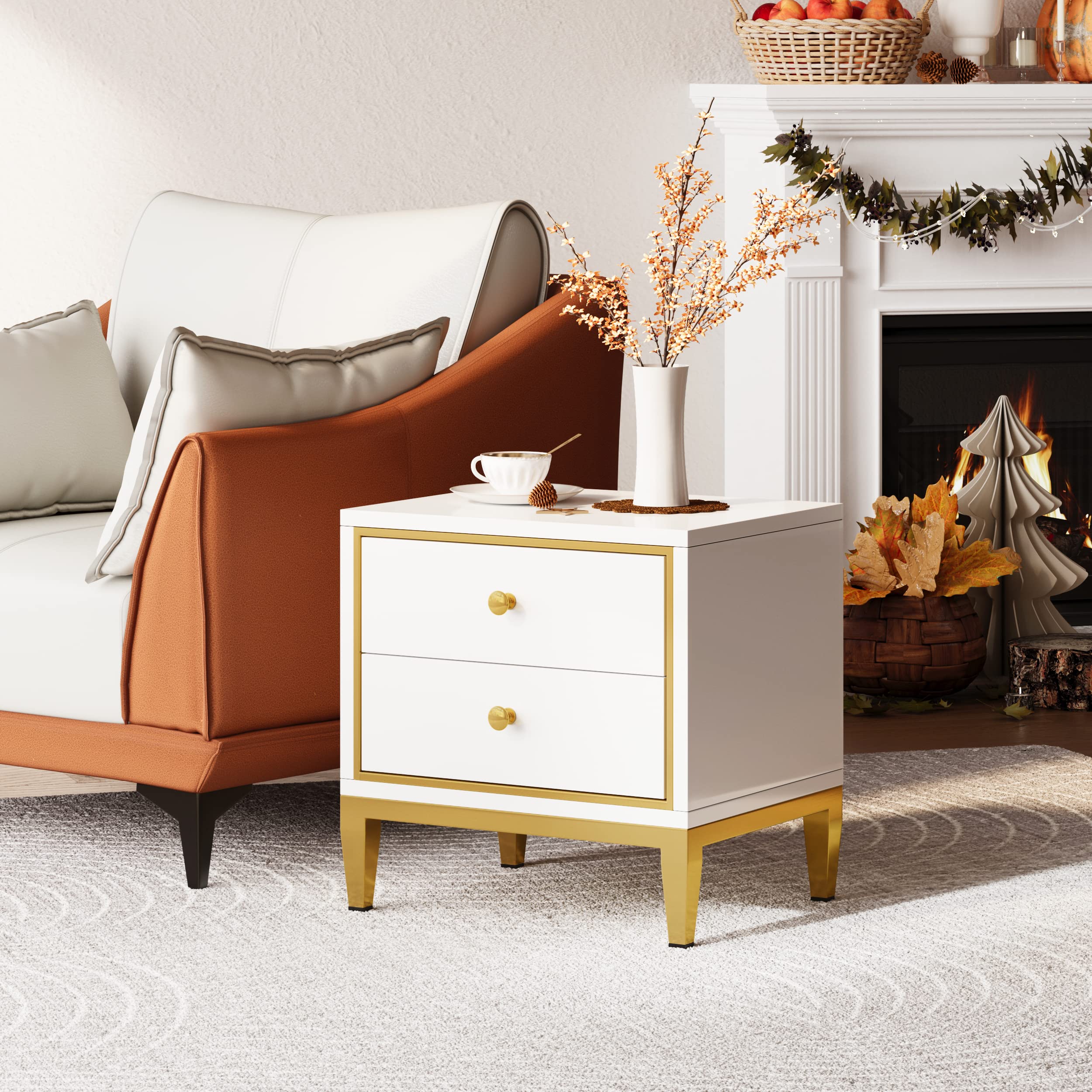 HERNEST Modern Nightstand Storage Cabinet Sofa Bedside Table with 2 Solid Wood Drawer Glam Steel Frame for Bedroom/Living Room/Salon/Office, White