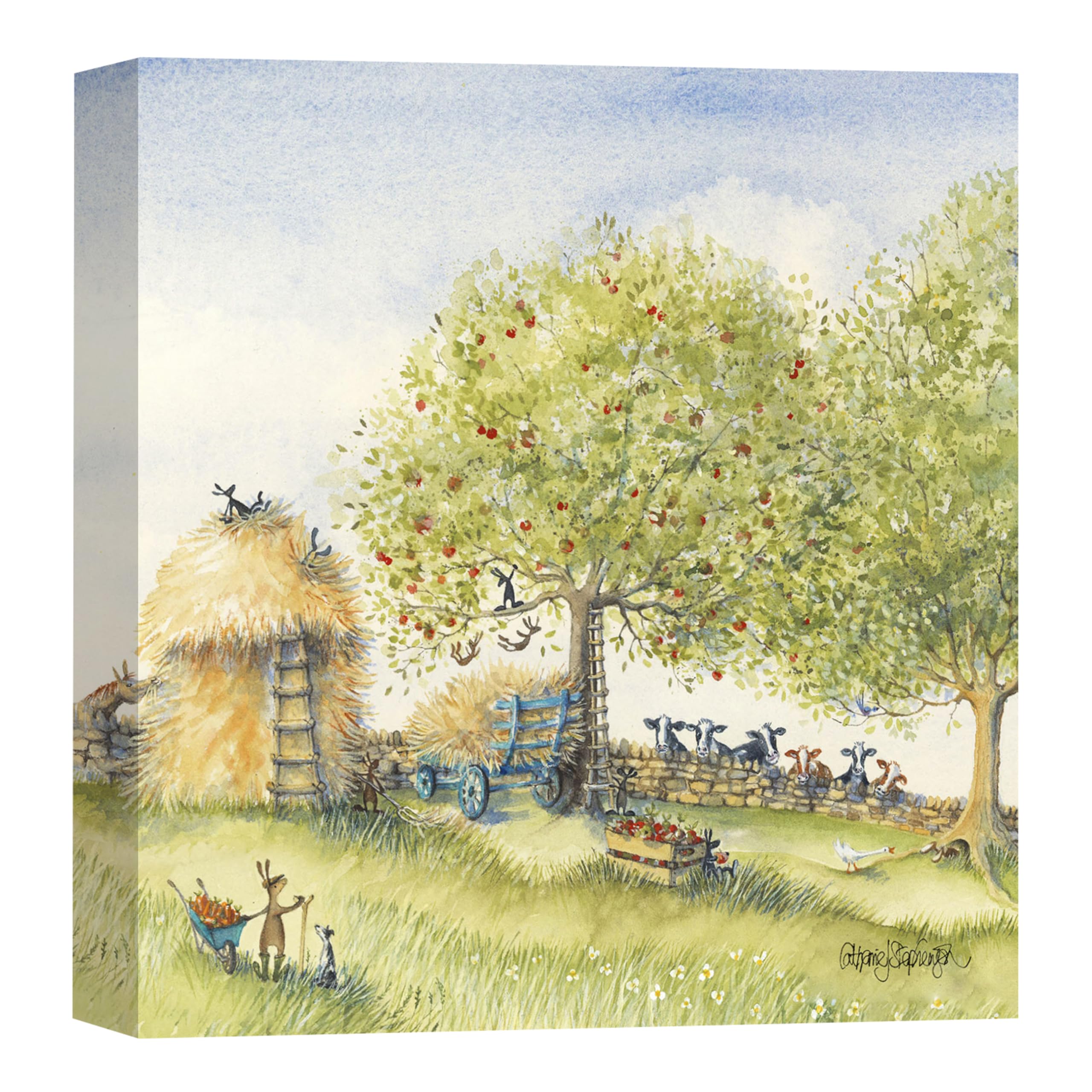 Artko Bunny Rabbits on the Farm Canvas Print Wall Art - Artistic 'The Haystack' by Catherine Stephenson - Countryside Farmer Themed Artwork - Ready to Hang Quirky Home Décor - 30 x 30cm