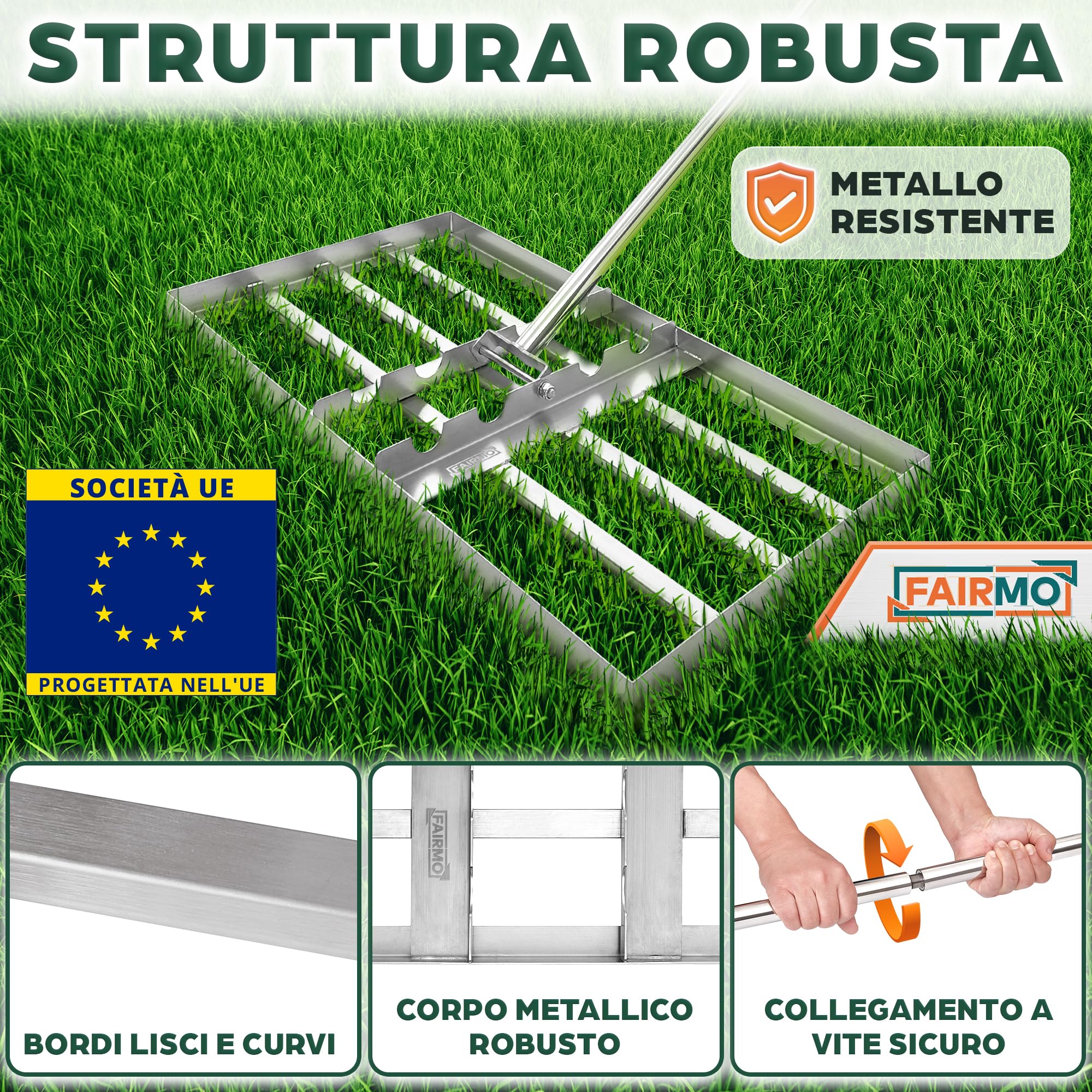 FAIRMO Rastrello livellatore per terra in acciaio inox (75x35 cm) con manico da 2 m - Fairmo Livellatore prato per sabbia e terra - Rastrello per prato largo