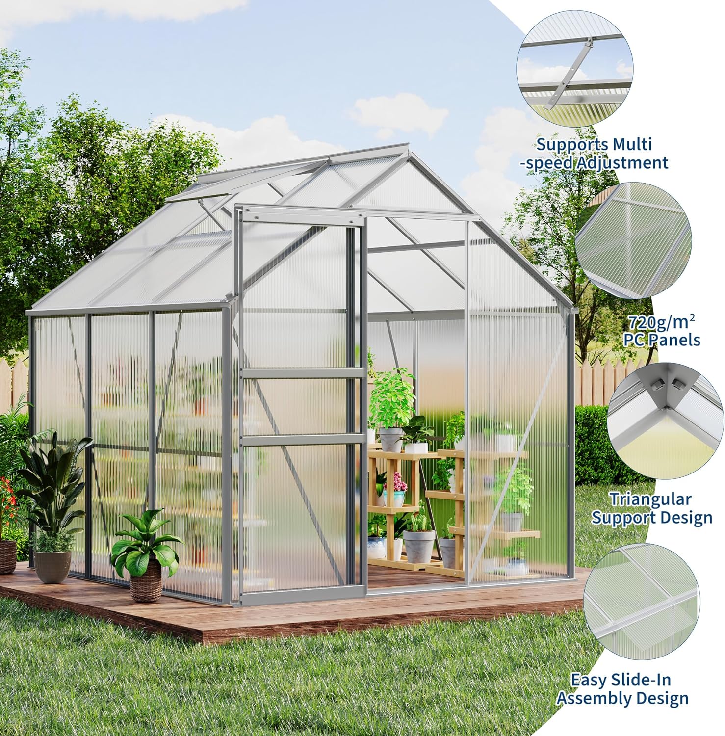 GarveeHome 6 x 6 FT Polycarbonate Greenhouse, Winter Greenhouses for Outdoors with Aluminum Frame, Sliding Door, Adjustable Roof Vent, Backyard Green Houses, Patio Garden, Silver