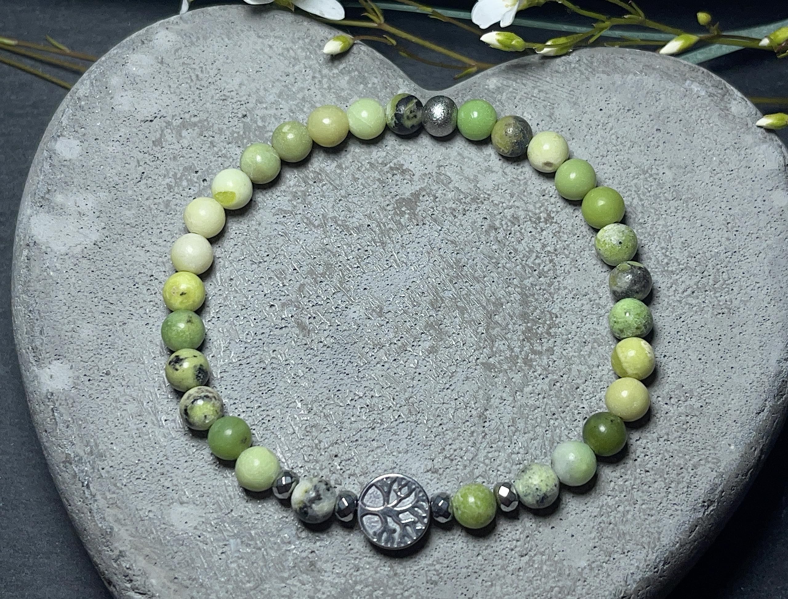 Serpentin Armband Perlen echt 6mm Lebensbaum Hämatit Silber - Handmade Perlenarmband Kreativität Vertrauen Freundschaft - Spiritueller Esoterischer Schmuck Unisex - Personalisierbar